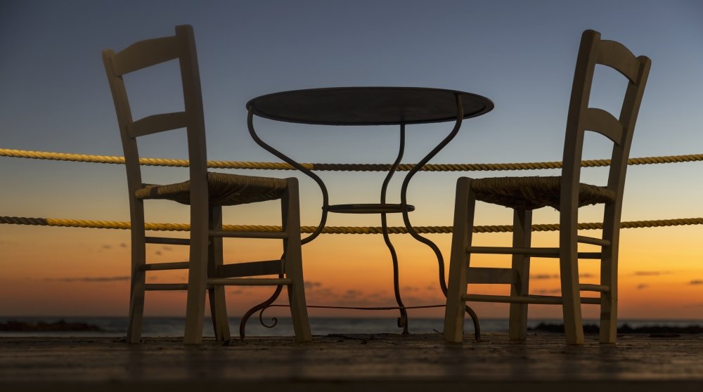 Large 40 x 22 Inch Paphos Cyprus Sunset Poster Print - Colorful Patio Table & Chairs View - Wall Art for Living Room, Bedroom, or Office Decor