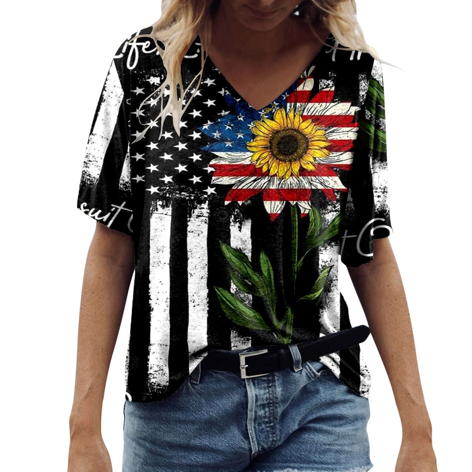 USA Flag Women's 4th of July T-Shirt - Red White Blue Star Stripes Graphic Tee | V-Neck Short Sleeve Sunflower Design | Perfect for Independence Day, Patriotic Events & Summer Outfits