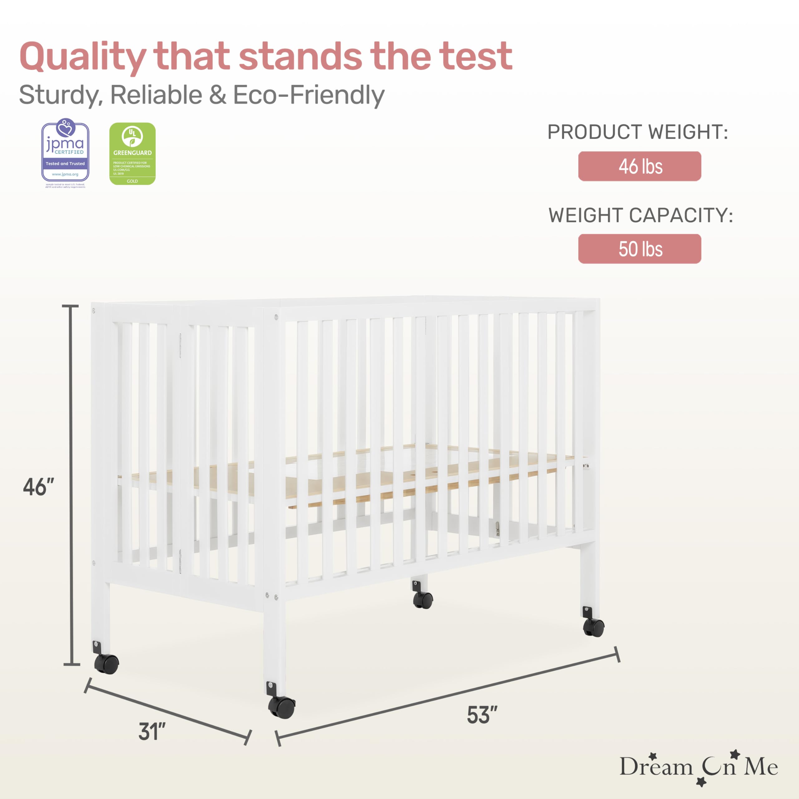 Dream On Me Quinn Full-Size Folding Crib - White Nursery Crib with Removable Wheels & Adjustable Mattress Support | Portable Baby Bed with Patented Folding System | Perfect for Small Spaces, Travel & Modern Nurseries