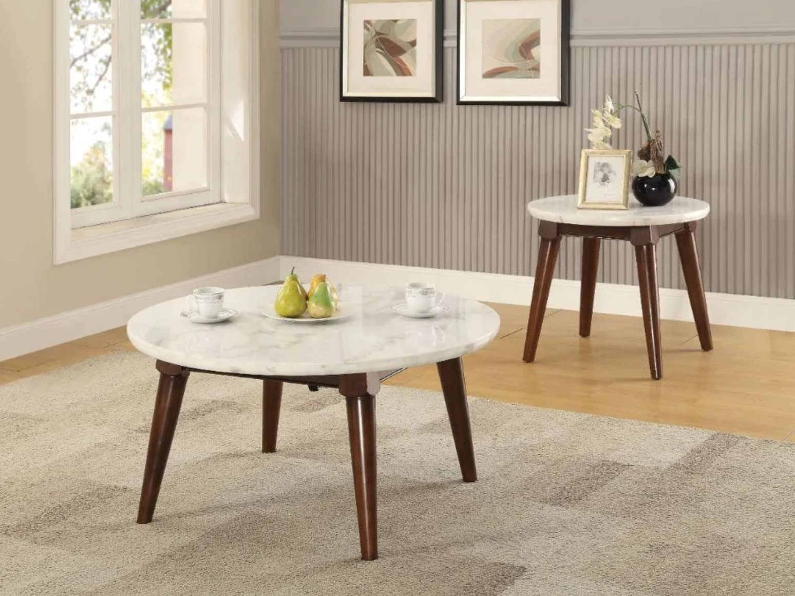 Modern White Marble & Walnut Coffee Table - Elegant Living Room Centerpiece for Home Decor, Dining, and Entertainment Spaces
