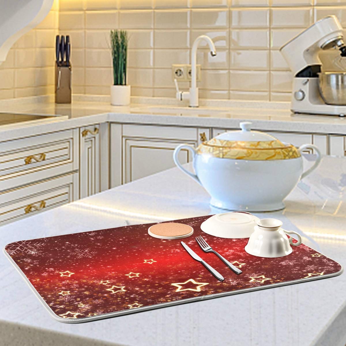 Christmas Dish Drying Mat - Red Snowflake Design Absorbent Heat-Resistant Kitchen Countertop Sink Pad (18x24 Inch) - Perfect for Holiday Dish Drying & Decorating Your Festive Kitchen