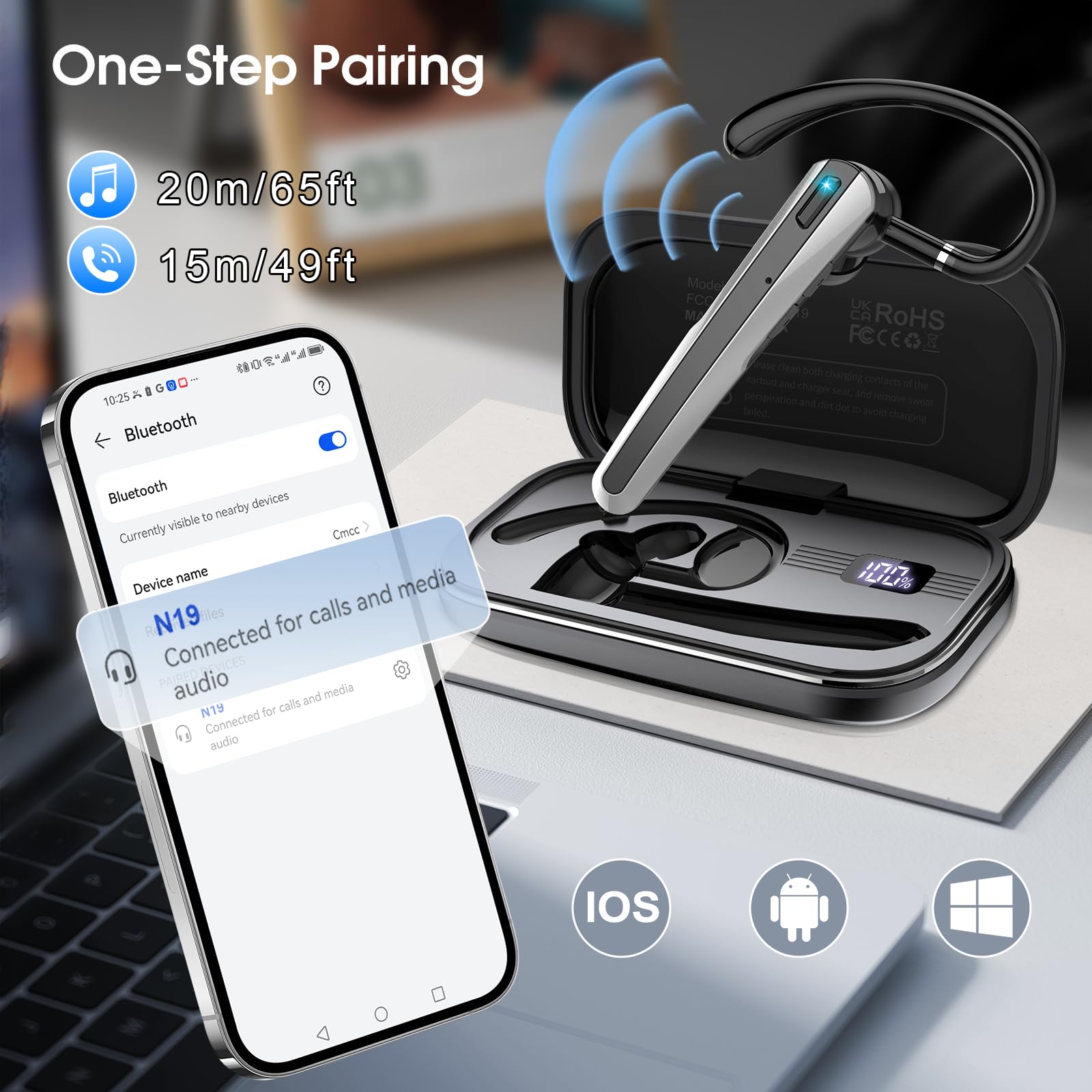 SKIUDCT V5.3 Wireless Bluetooth Headset - 120H Playtime, Dual Mic ENC Noise Cancelling, Hands-Free Earpiece for Driving, Business Calls & Office Work | Comfortable & Lightweight for All-Day Use