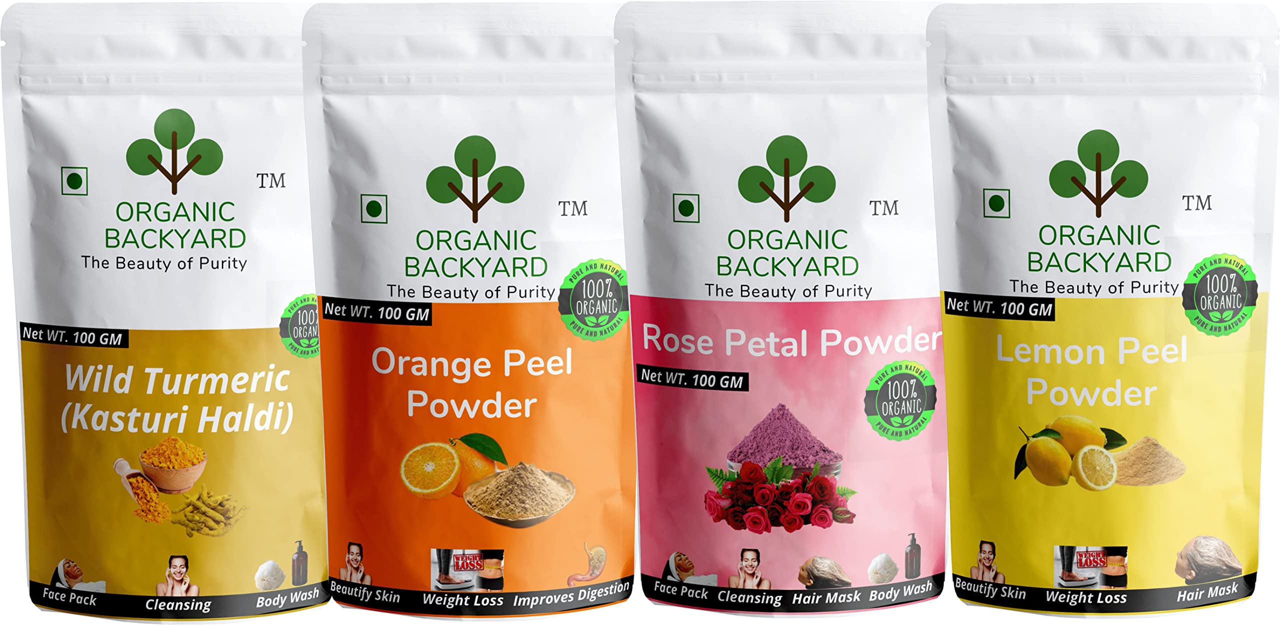 Organic Wild Turmeric Powder (Kasturi Haldi) with Orange Peel, Rose Petal & Lemon Peel - 100% Natural Face Care Combo Pack (4 x 100g) - Brightening, Anti-Aging & Glowing Skin for Daily Skincare Routine
