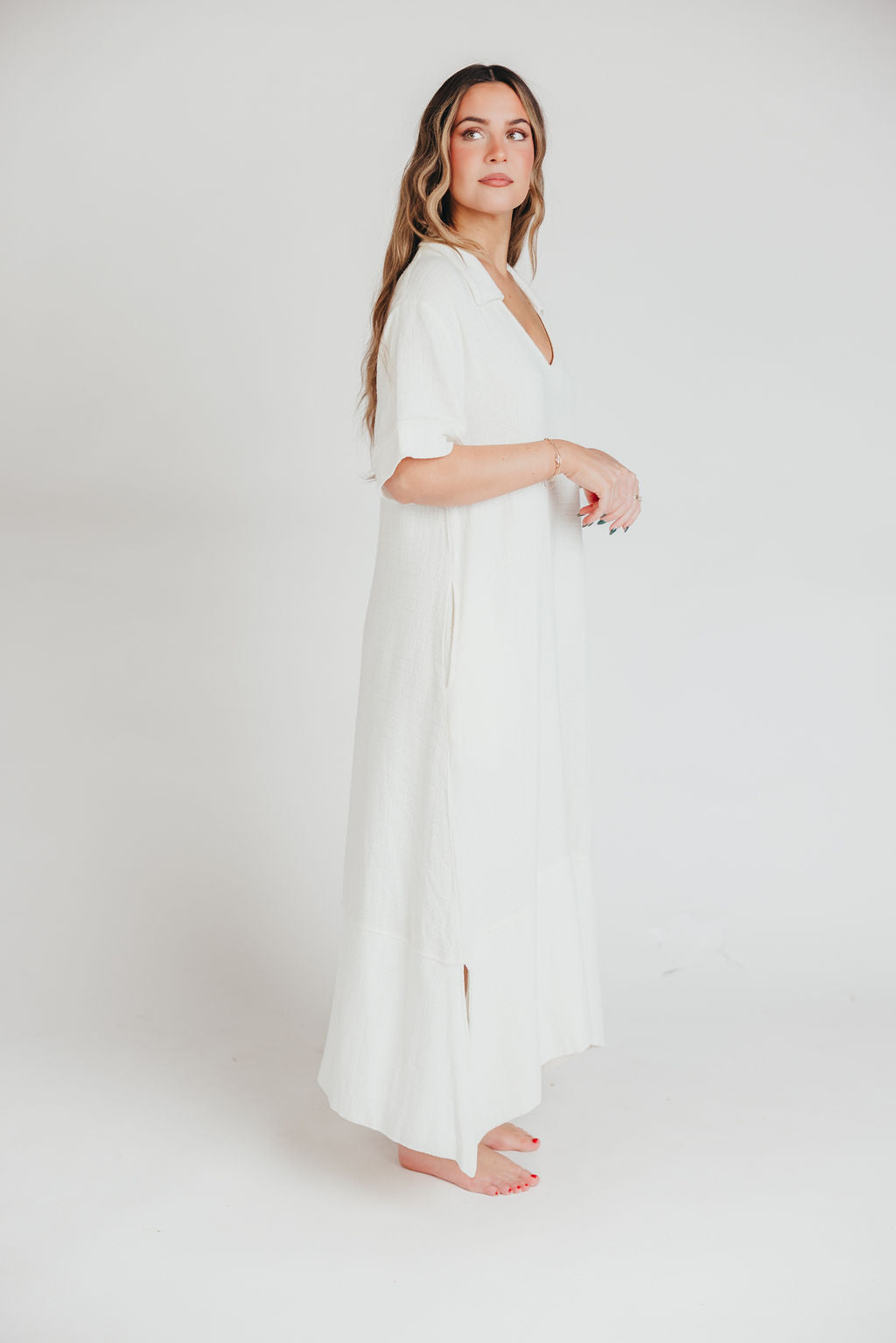 Fallon Linen Blend Collared Midi Dress in Ivory - Bump Friendly Maternity Dress for Women | Perfect for Summer Weddings, Baby Showers & Casual Outings