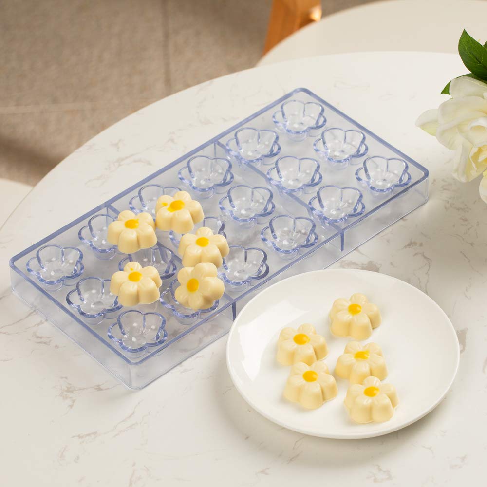 10.8 x 5.3 Inch Plastic Flower Molds for Candy & Chocolate - 18 Cavities Food Grade Polycarbonate Flower Molds | Freezer-Safe, Easy Release | Perfect for Cake Decorating, Wedding Favors & DIY Desserts
