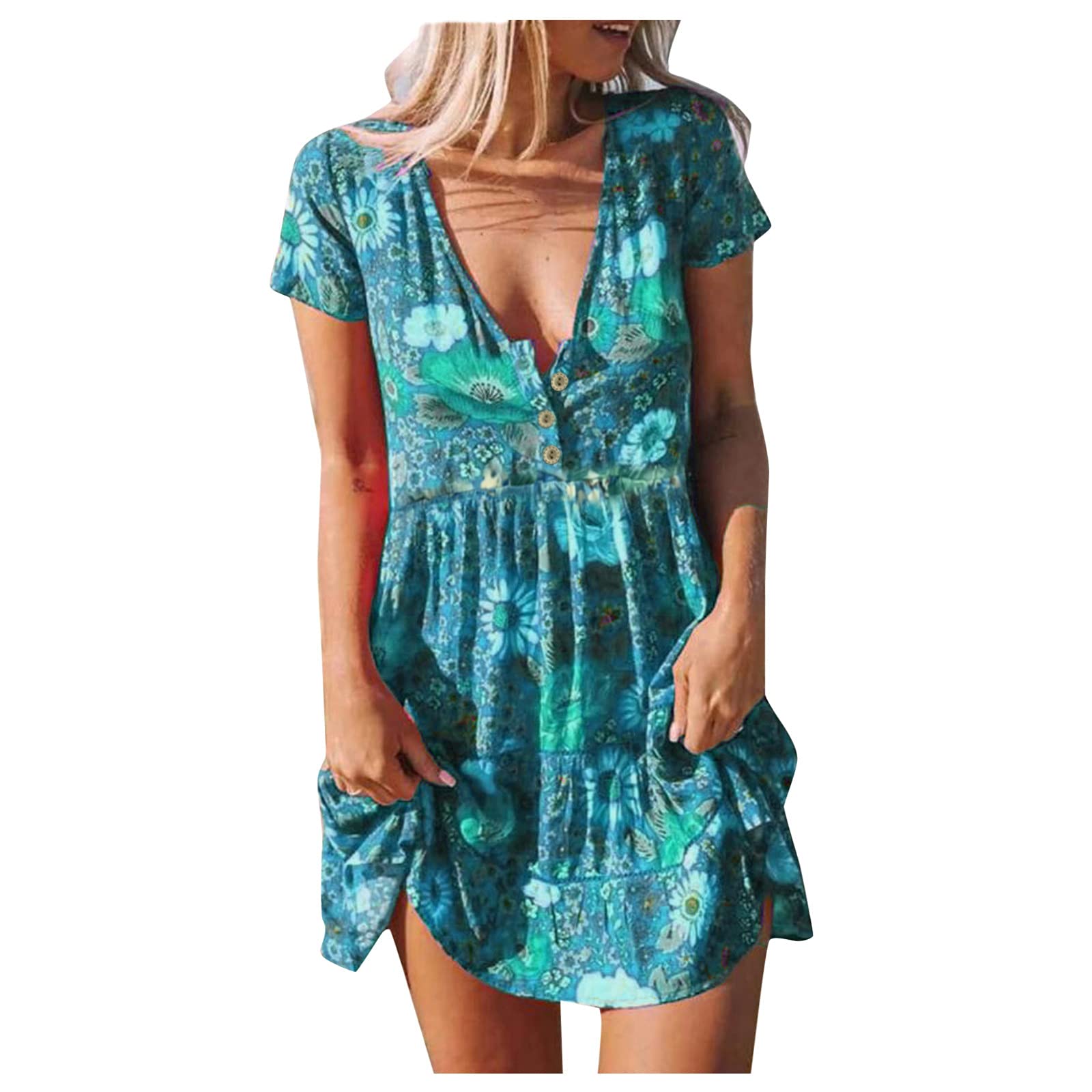 PMUYBHF Women's Summer Spaghetti Strap Button Down Swing Short Dress - Casual Flowy Mini Dress for Beach, Vacation & Date Night