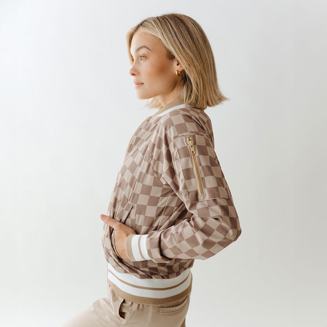 Stylish Brown Checkers Bomber Jacket for Men & Women | Vintage Inspired Lightweight Jacket for Casual Wear & Street Fashion