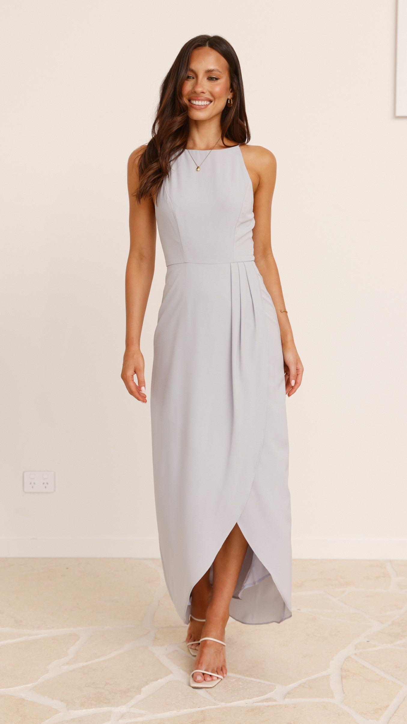 Genevieve Boat Neck Maxi Dress - Light Grey Flowy Summer Dress for Women | Beach Wedding, Vacation & Casual Outfit