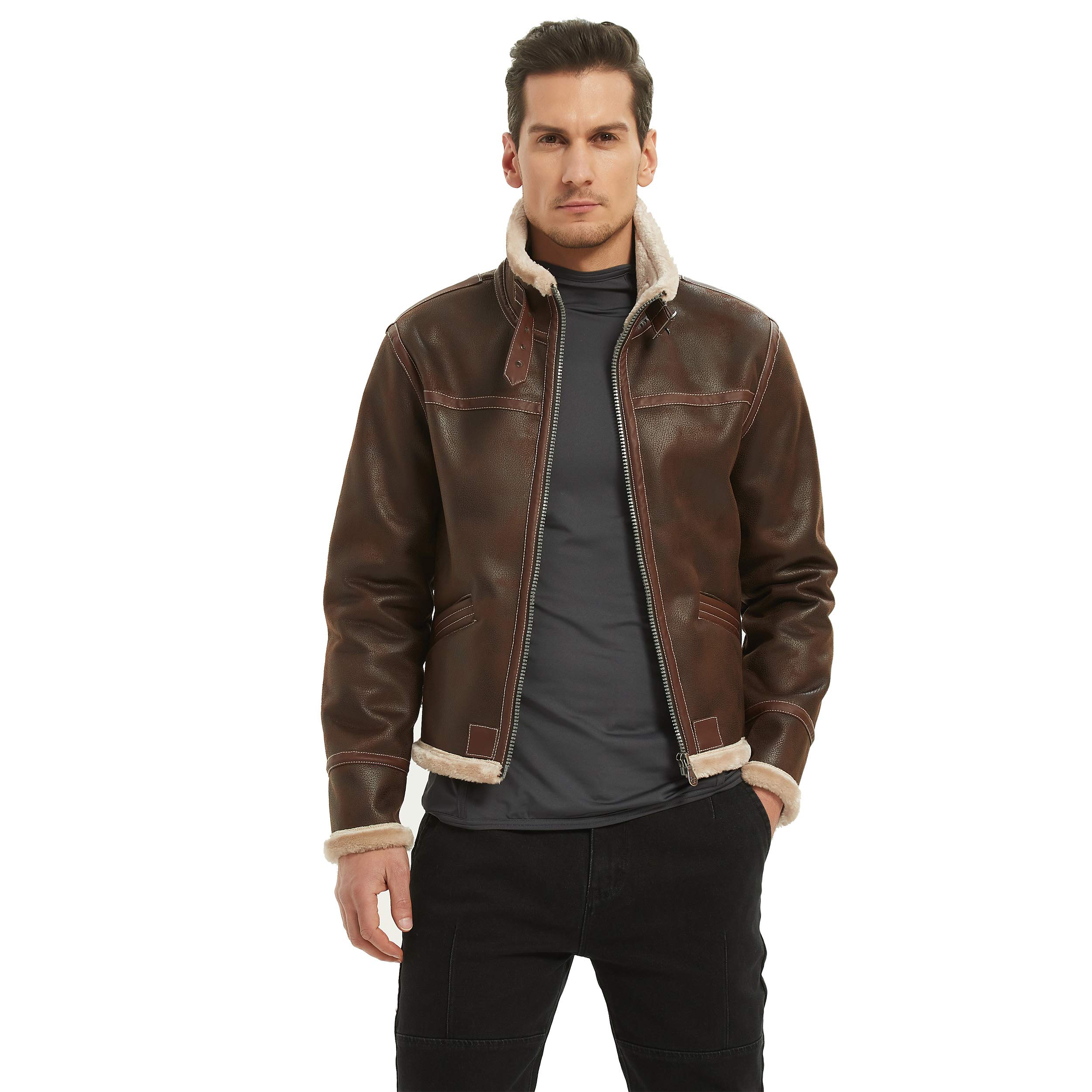 Men's Stand Collar Faux Fur Lined PU Leather Bomber Jacket - Winter Warm Coat for Cosplay, Gaming & Outdoor Activities