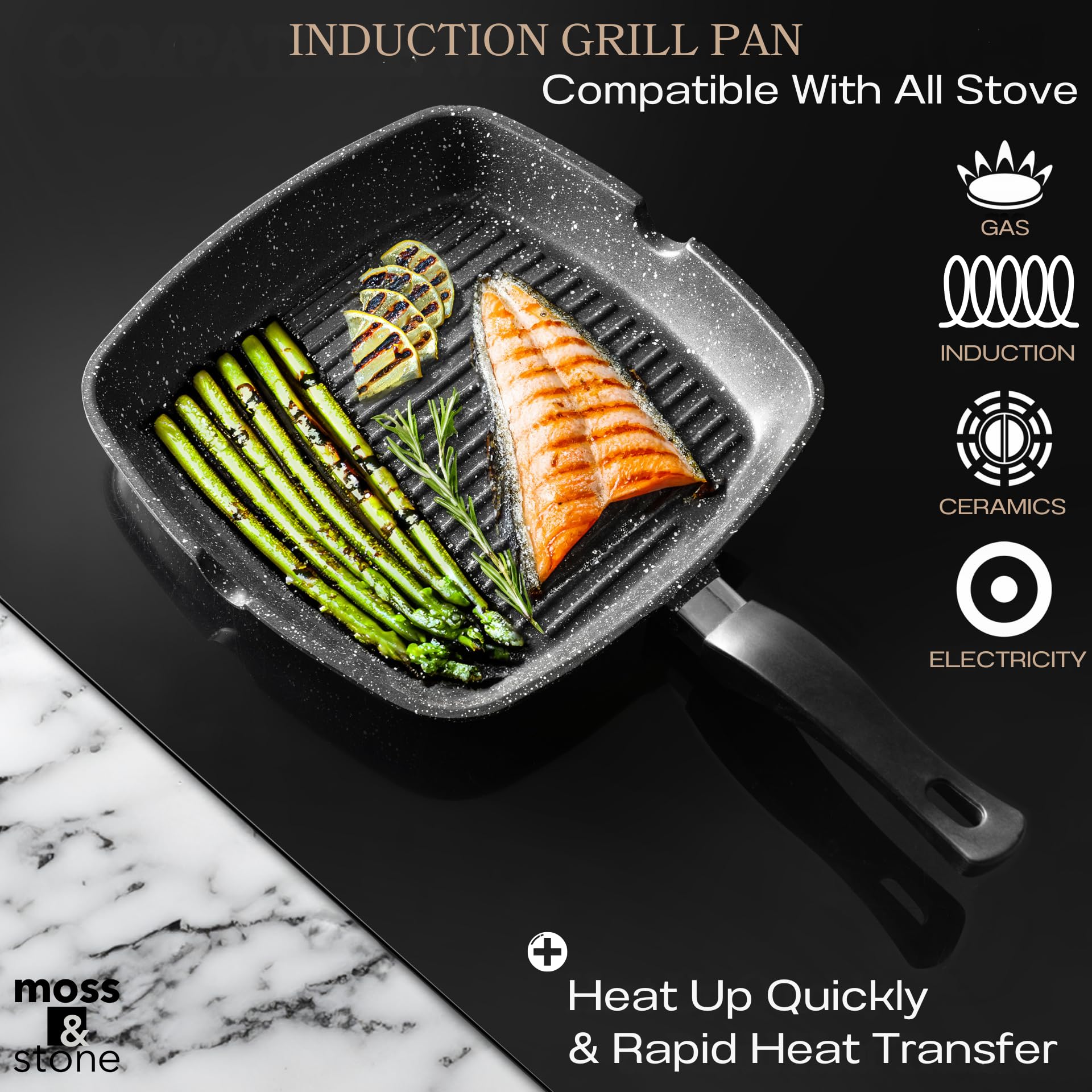 11 Inch Moss & Stone Aluminum Nonstick Grill Pan for Stove Tops - PFOA Free Square Griddle with Pour Spouts, Large Cooking Surface for Indoor & Outdoor Grilling - Perfect for Pancakes, Burgers, Steaks and Camping Cookouts