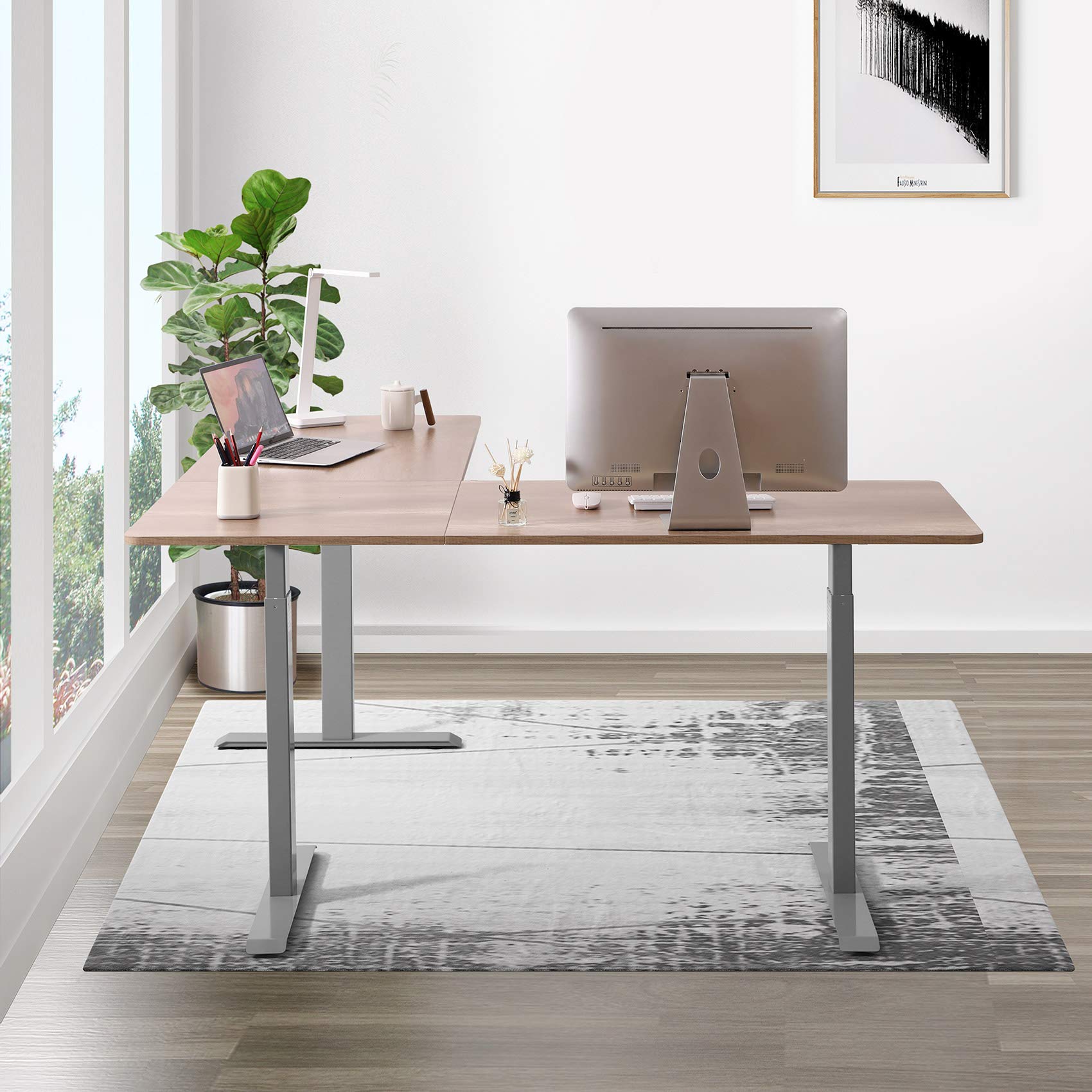 UNICOO L-Shaped Crank Adjustable Standing Desk - Sit to Stand Corner Workstation with Grey Frame & Antique Oak Top | Home Office, Gaming & Study Desk for Ergonomic Workspace