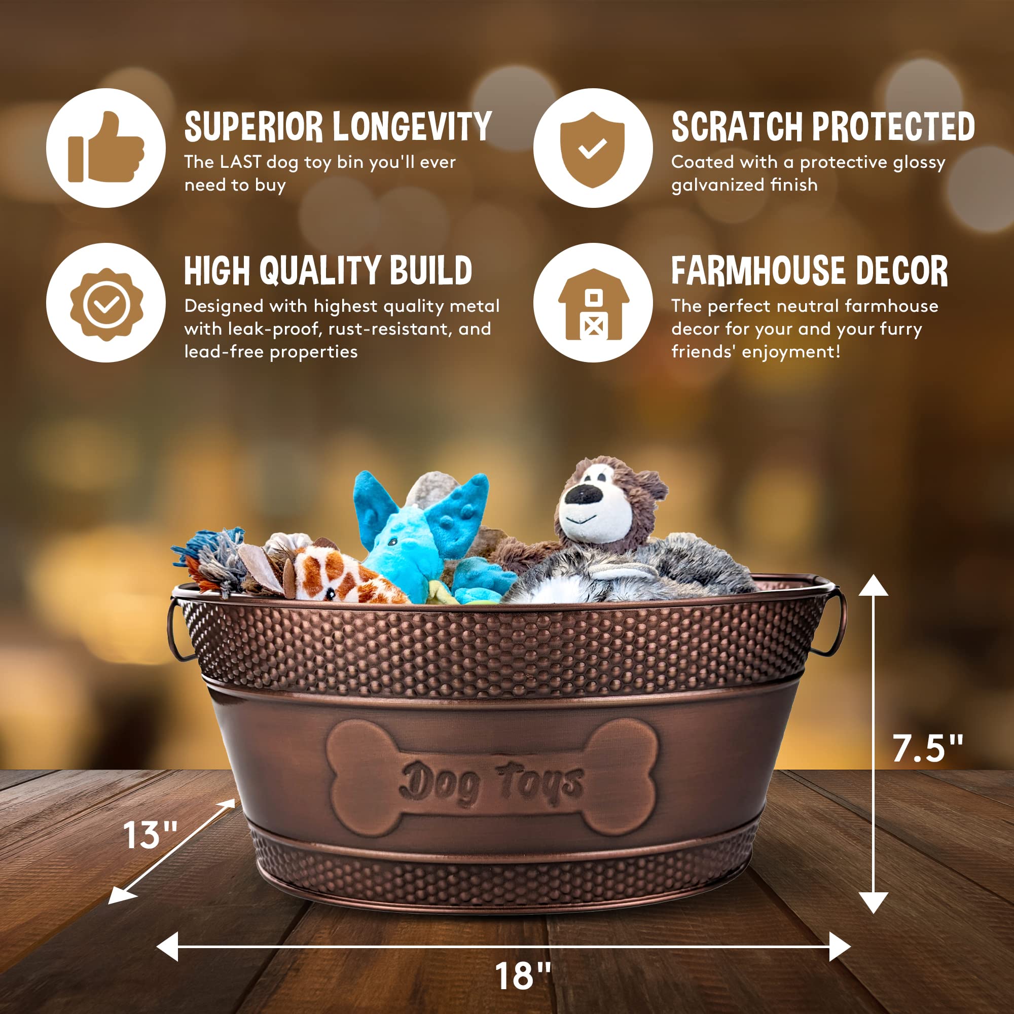 Durable Metal Dog Toy Storage Bin - Galvanized Copper Dog Toy Organizer with Handles for Chew Toys, Blankets & Leashes | Pet Bone Design Toy Box (15-Quart) | Perfect for Living Room, Bedroom & Dog Play Area Organization