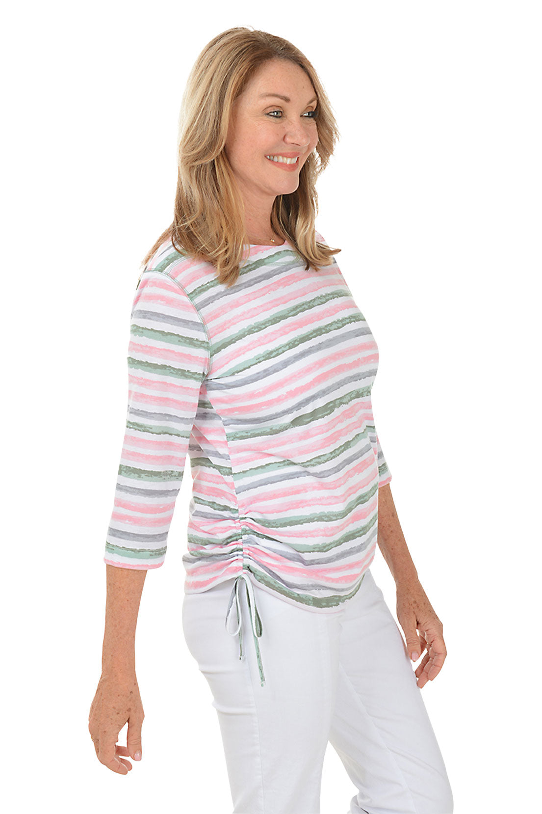 Flower Secret Stripe Side Shirred Top - Women's Floral Print Blouse for Casual Wear & Summer Outfits