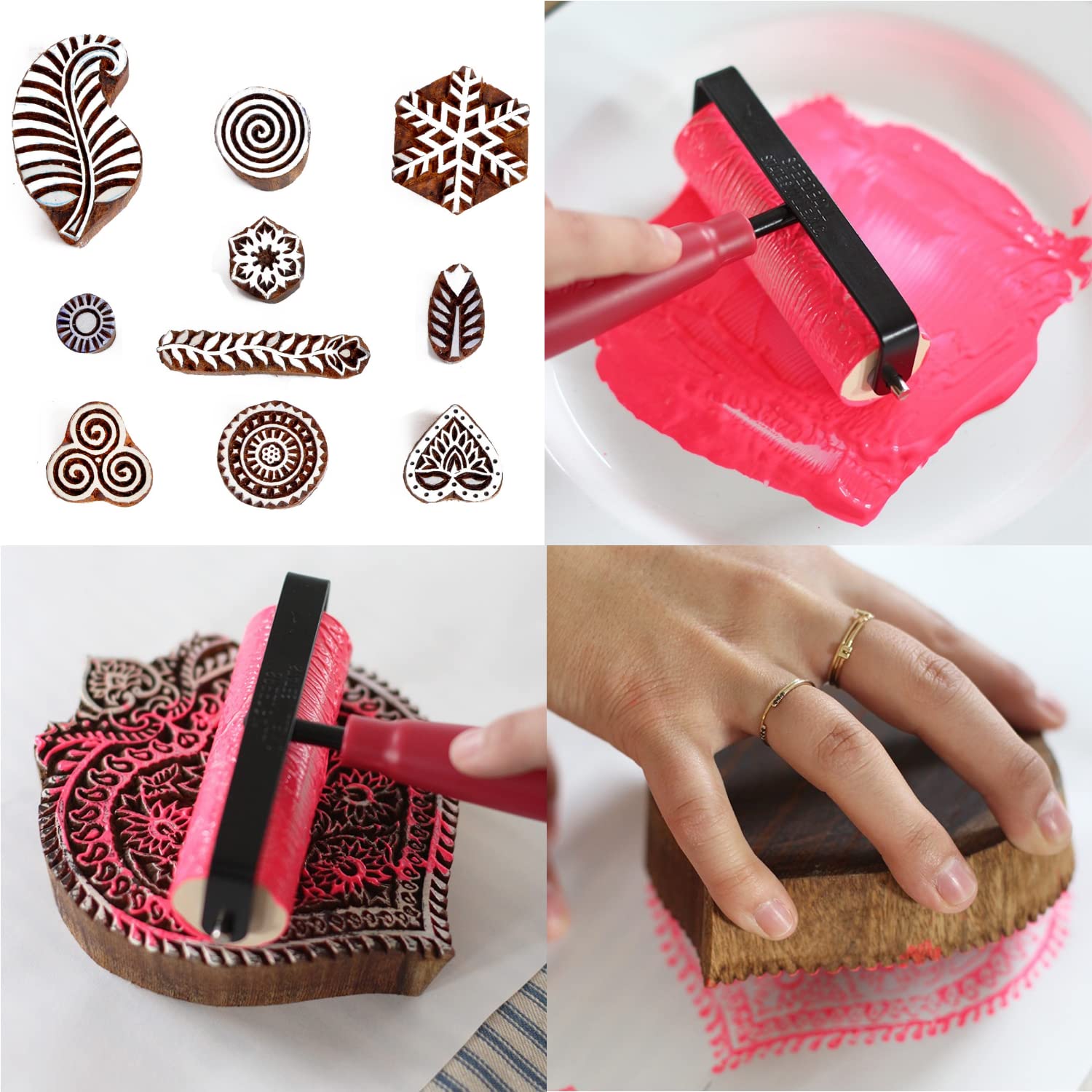 Wooden Pottery Printing Blocks - Pack of 10 Handcrafted Clay & Textile Stamps for DIY Crafts, Saree Borders, Ceramics & Tattoo Designs - Perfect for Pottery Making, Fabric Printing & Art Projects - HASHCART®