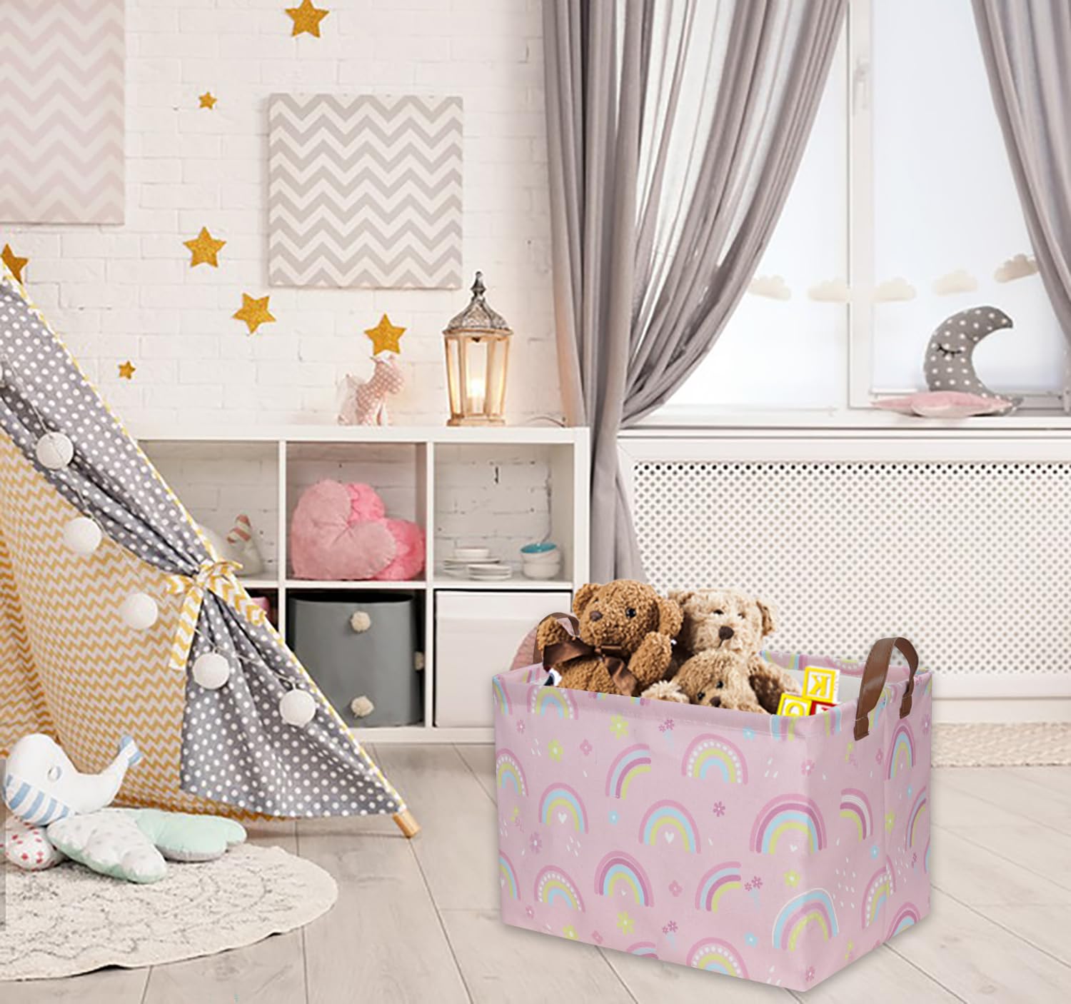 Pink Rainbow Rectangular Storage Basket for Kids - Toy Organizer Bin, Bookshelf Decor, Baby Gift Basket for Boys & Girls - Perfect for Nursery, Playroom, and Bedroom Organization