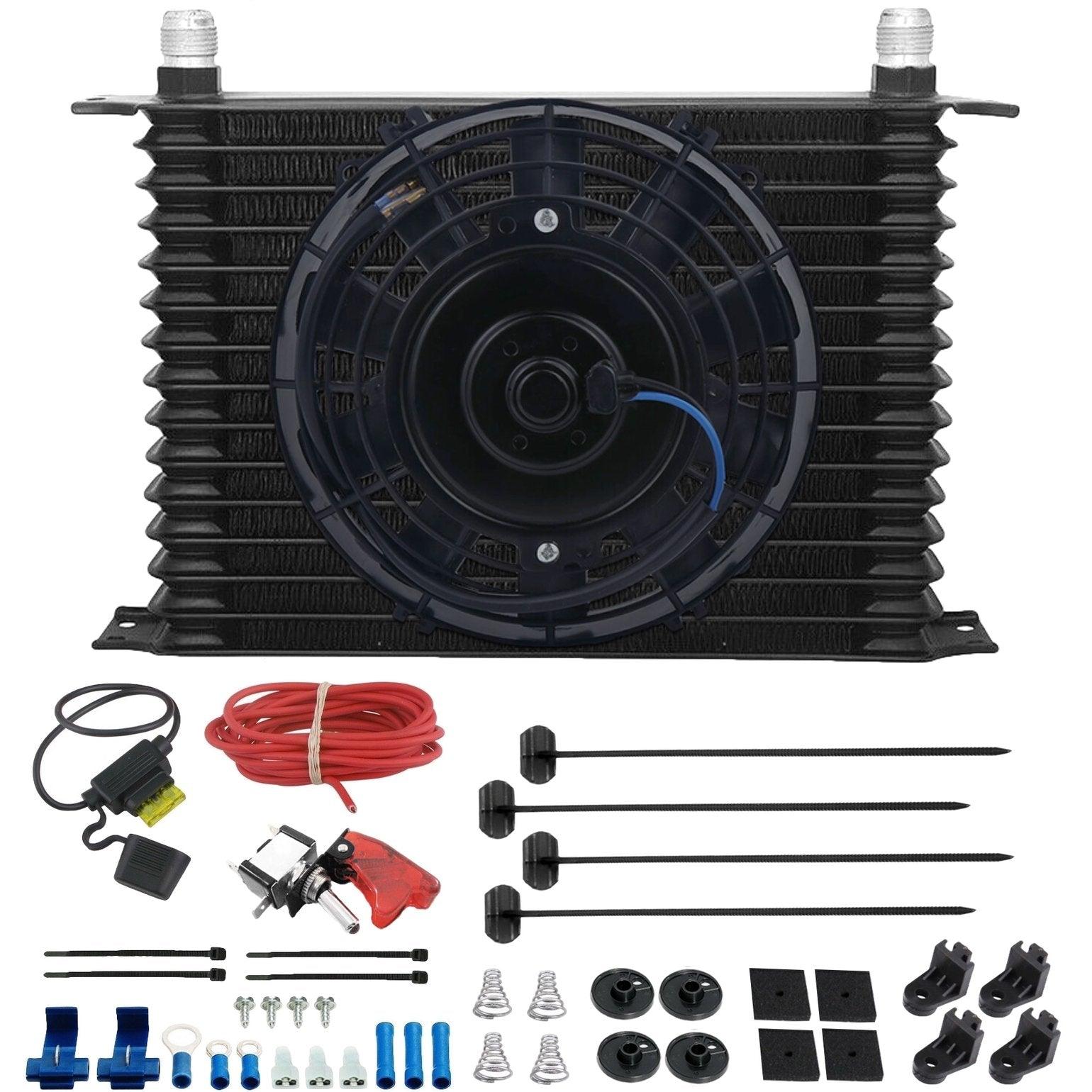 15 Row 6 10AN Transmission Oil Cooler with 12V Electric Fan & Toggle Switch Wire Kit - Perfect for Automotive, Truck & Off-Road Vehicle Cooling Systems