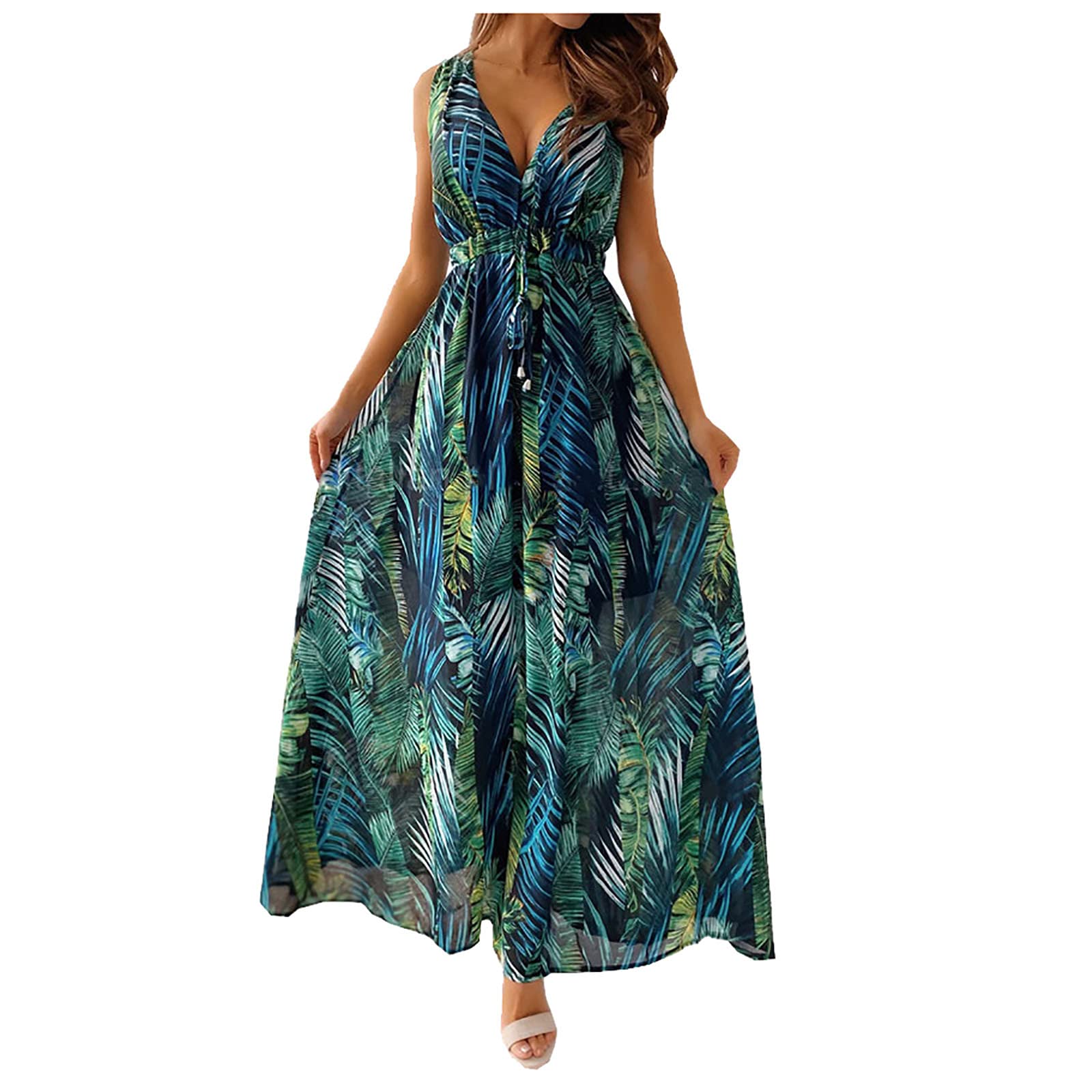 Women's Floral Print Halter Beach Dress - Elegant Long Summer Wedding & Banquet Strap Dress for Women | Perfect for Beach Vacations, Outdoor Parties & Special Occasions
