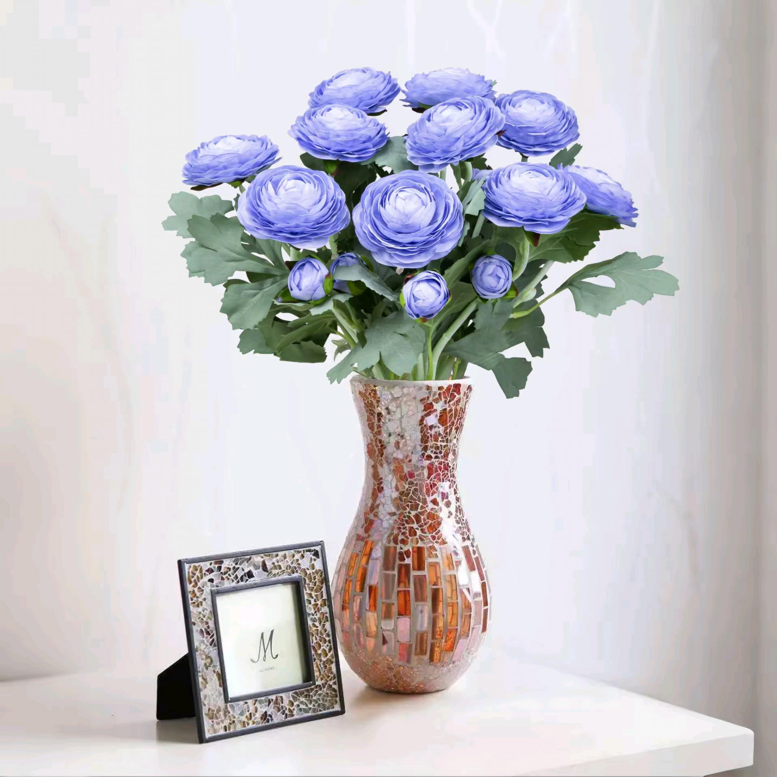 Real Touch Artificial Ranunculus Flowers - Silk Ranunculus Bouquet with Stems (Blue, 10pcs) for Wedding Centerpieces, Home Decor & Party Arrangements