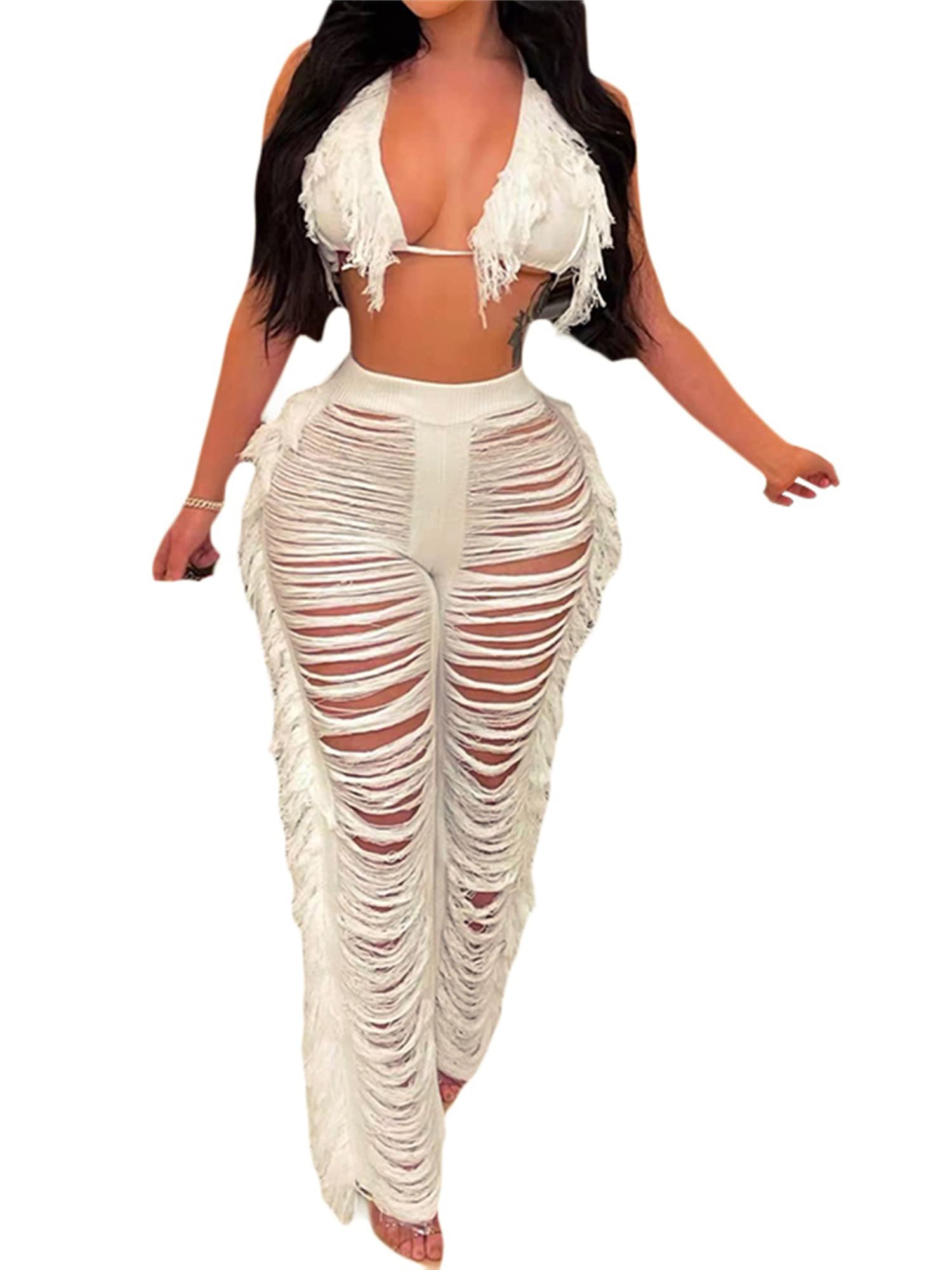 Stylish Women's Two-Piece Outfit - Halter Tank Top with Hollow Out Wide Leg Pants Jumpsuit Set | Summer Casual Wear, Beach Vacation, Party Outfits & Fashion Streetwear
