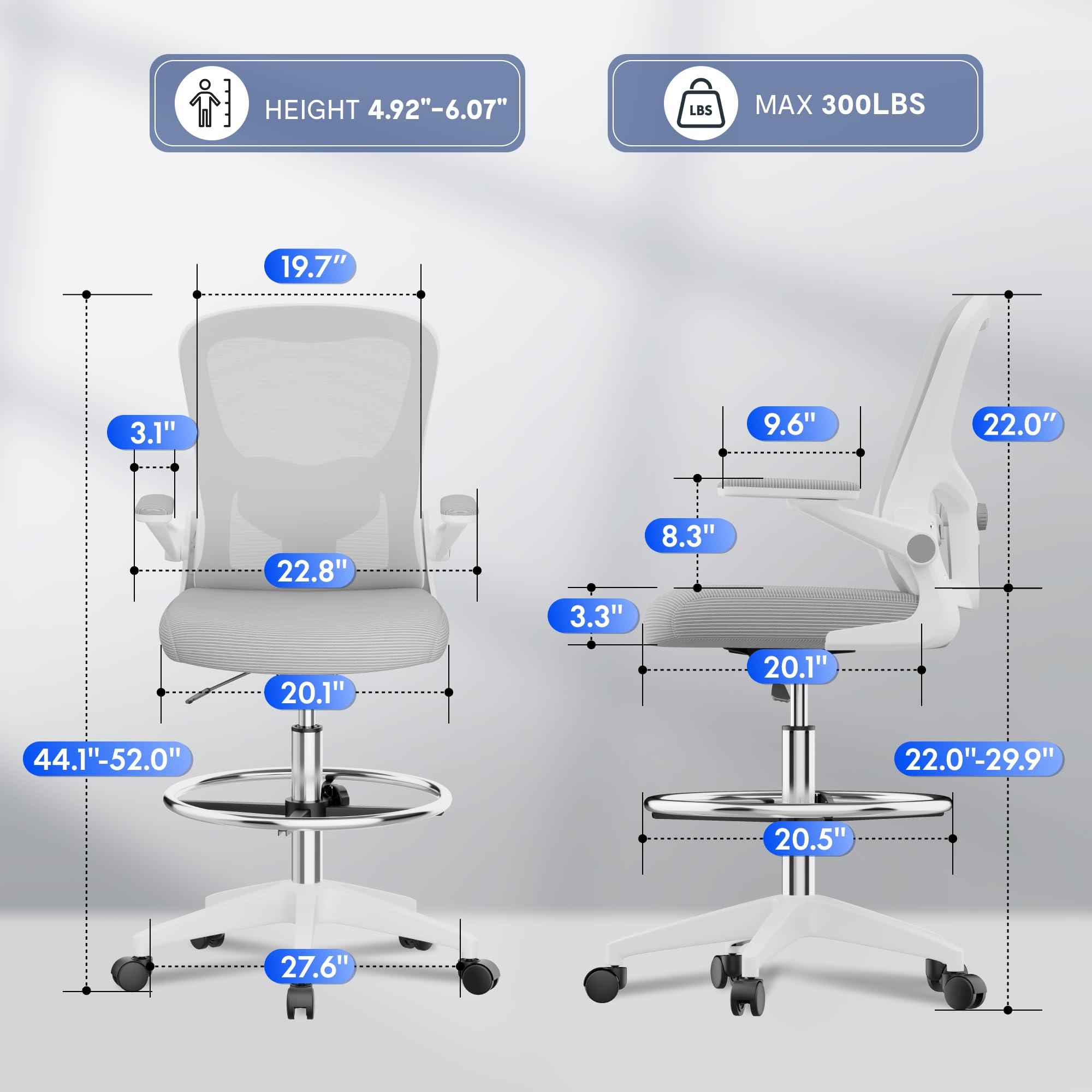 FLEXISPOT Ergonomic Drafting Chair - Adjustable Height Office Chair with 2D Lumbar Support, 3D Flip-Up Armrests, Breathable Mesh Back & Foot Ring - BIFMA Certified for Home Office, Artists, Musicians - Ideal for Standing Desks, Drawing, Guitar Playing, Studio Work & Long Work Sessions (White)