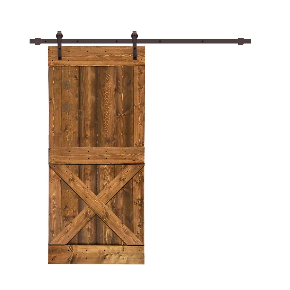TMS Mini X Stained Solid Knotty Pine Wood Interior Sliding Barn Door with Hardware Kit (84