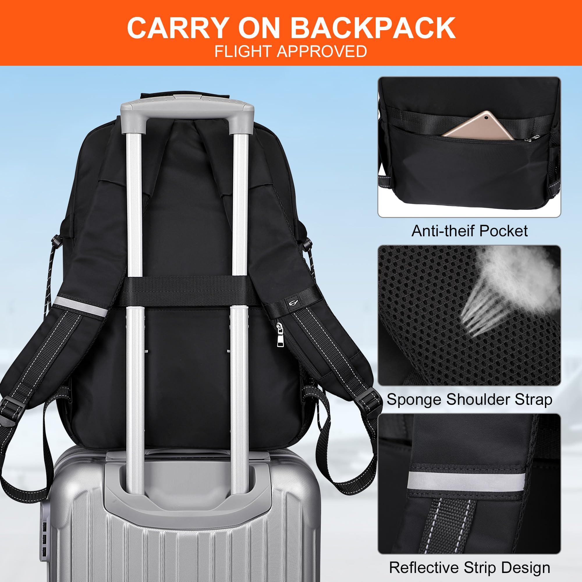 PIJUSHI Travel Laptop Backpack for Women & Men - Airline Approved Carry On Backpack with Multiple Pockets - Small Daypack for Work, School & Business Trips (PE031 Black)