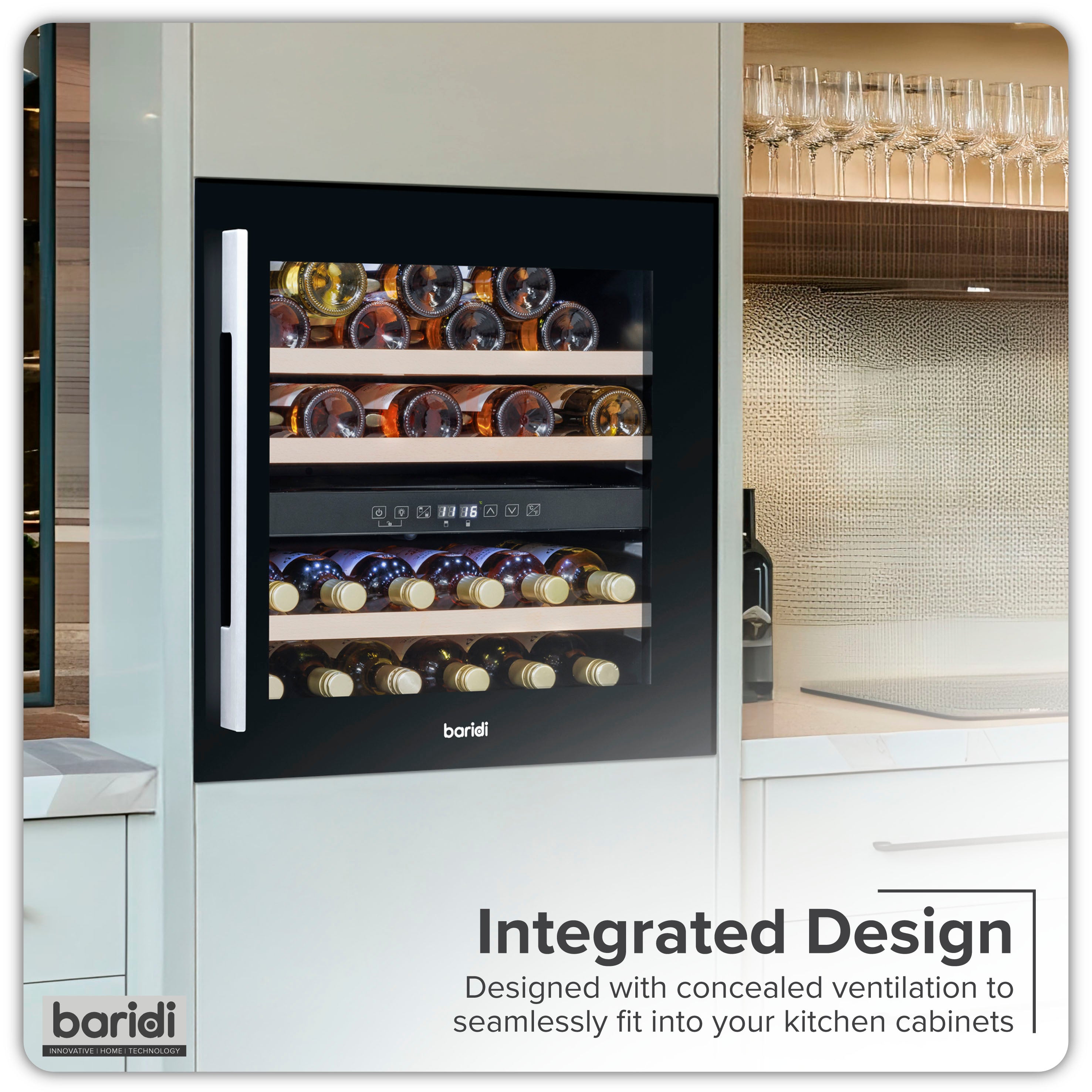 Baridi 60cm Built-In 36 Bottle Dual Zone Wine Cooler with Beech Wood Shelves - Black (DH117) | Perfect for Home Bars, Restaurants & Wine Cellars | Energy Efficient Wine Refrigerator for Optimal Storage