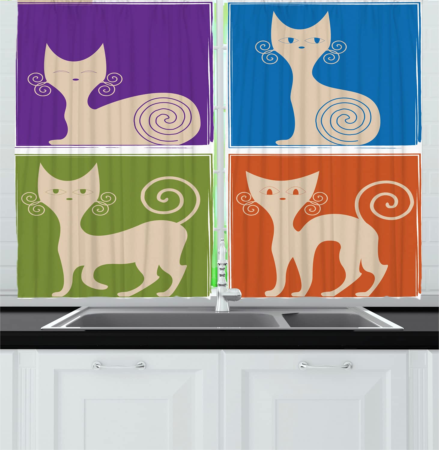 Funny Cartoon Cat Whiskers Kitchen Curtains - Happy Confused Kitty Print Drapes with Rod Pocket, 55