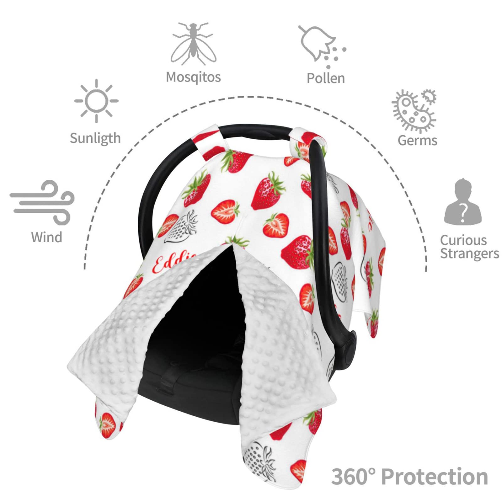 Personalized Strawberries Red Glitz Sparkle Baby Car Seat Canopy - Custom Name Embroidered Minky Nursing Stroller Cover & Multi-Use Blanket for Girls (27.5
