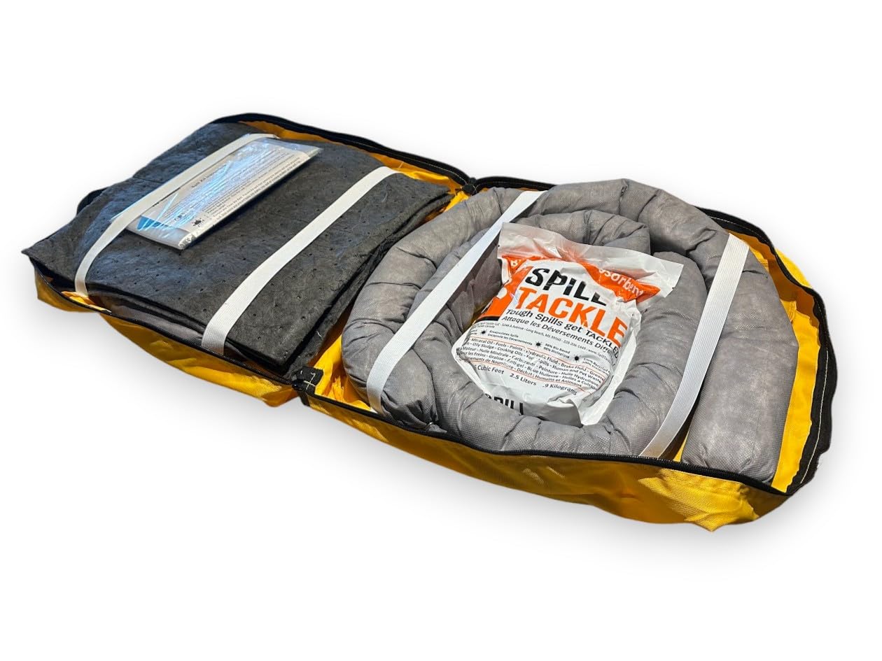**Universal Spill Kit - 4 Absorbent Socks, 10 Pads, 2 lb Spill Tackle, Gloves & More - Yellow Duffle Bag for Hazardous Liquid Cleanup - Ideal for Labs, Garages, Factories**