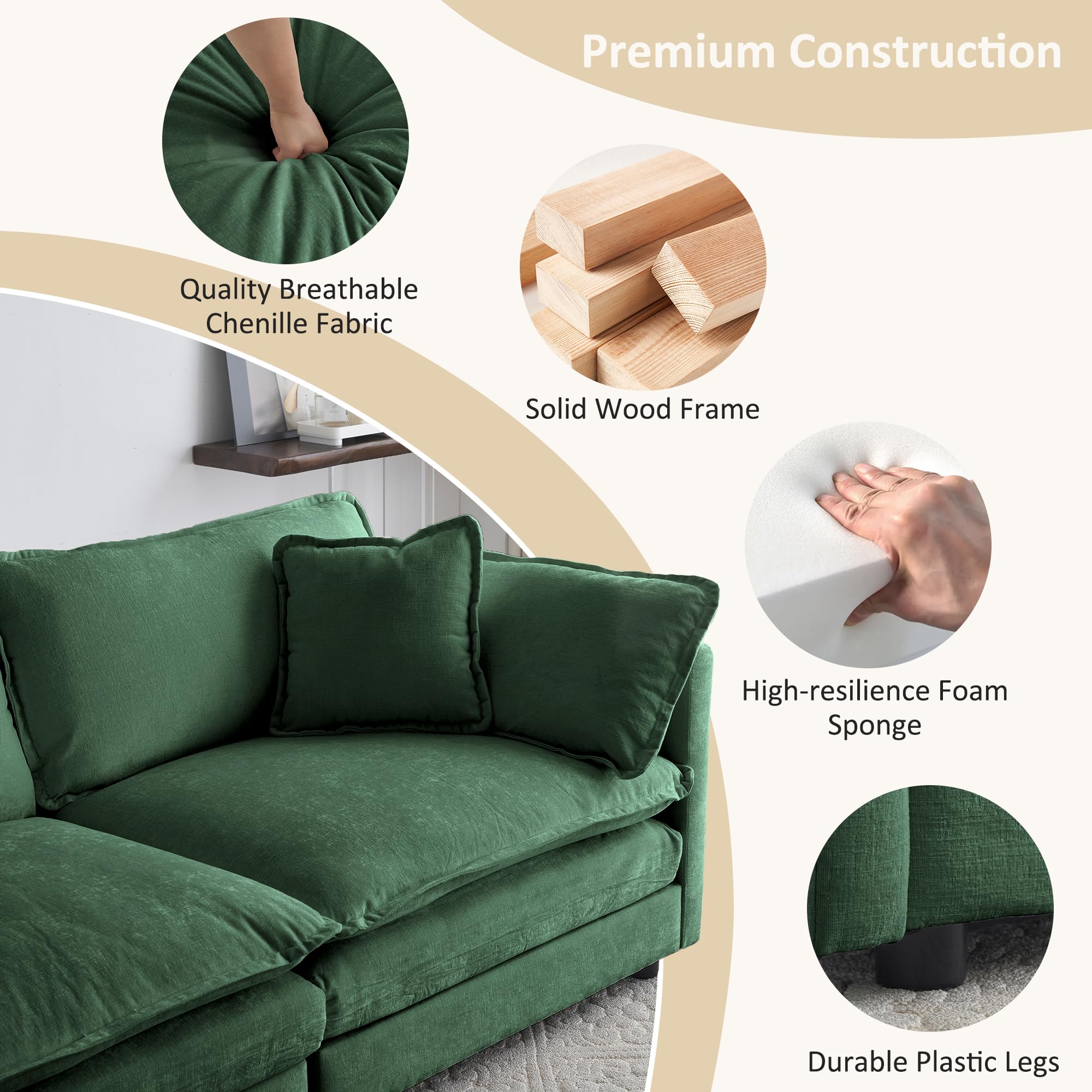 2-Piece Large Green Sectional Sofa Set - Plush Chenille Deep Seat Cloud Couch & Loveseat for Living Room, Apartment, Office | Modern Luxury Comfort Furniture for Relaxing, Entertaining & Small Spaces