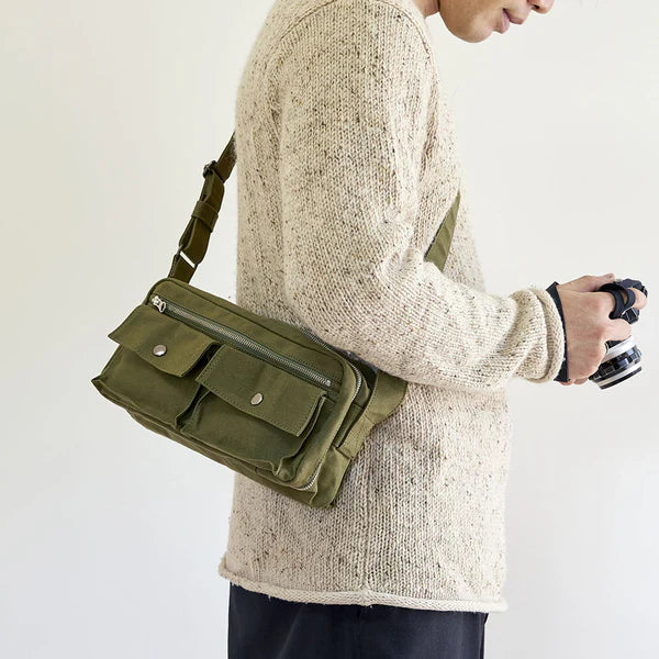 Kurashiki Hampu Canvas Shoulder Bag - Khaki Japanese Style Crossbody Tote for Women | Durable & Stylish Casual Bag for Travel, Work & Everyday Use