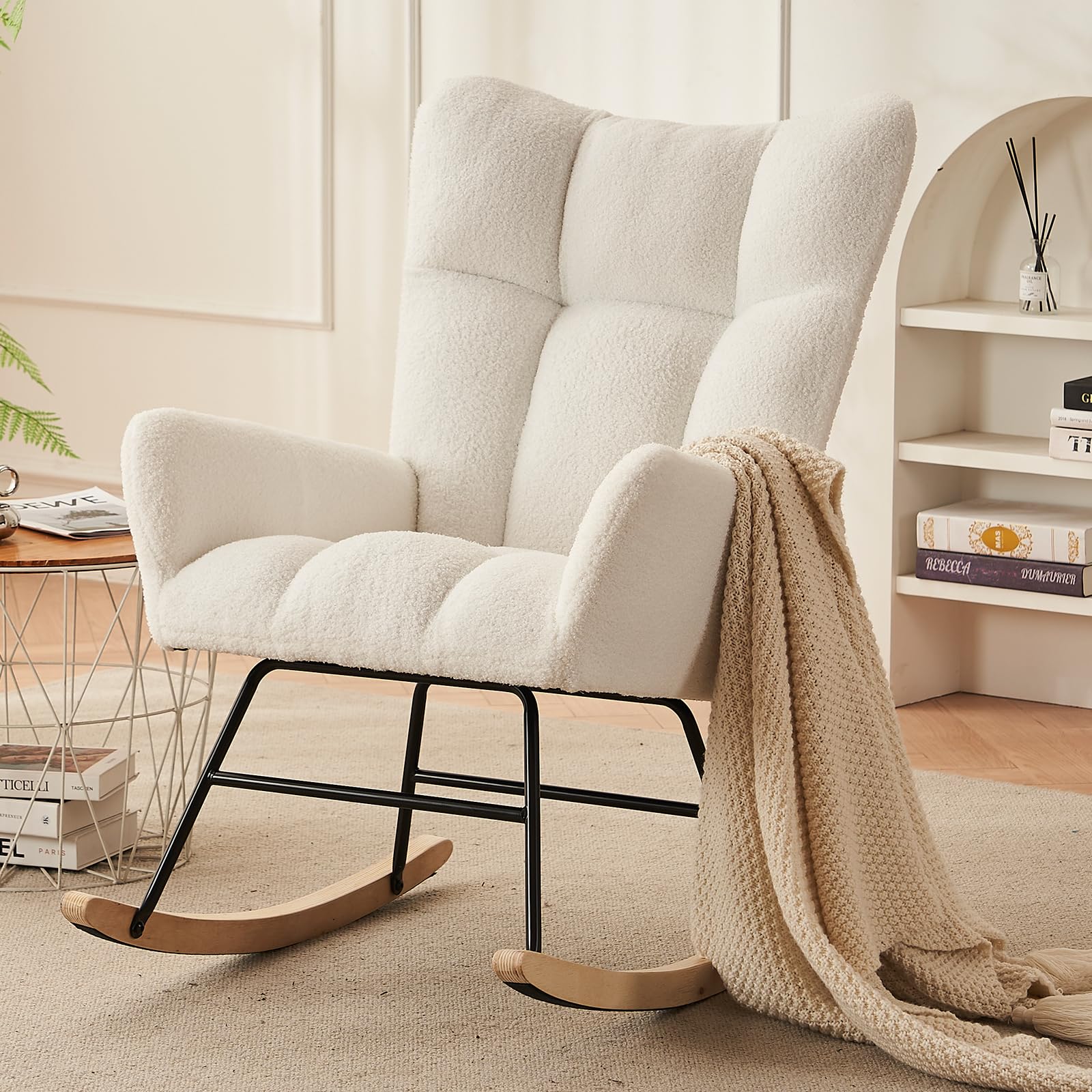 NIOIIKIT Nursery Rocking Chair - White Teddy Upholstered Glider Rocker with Sturdy Metal Legs, High Back Support Accent Chair for Living Room, Bedroom, Nursery & Office | Perfect for Nursing, Reading & Relaxing