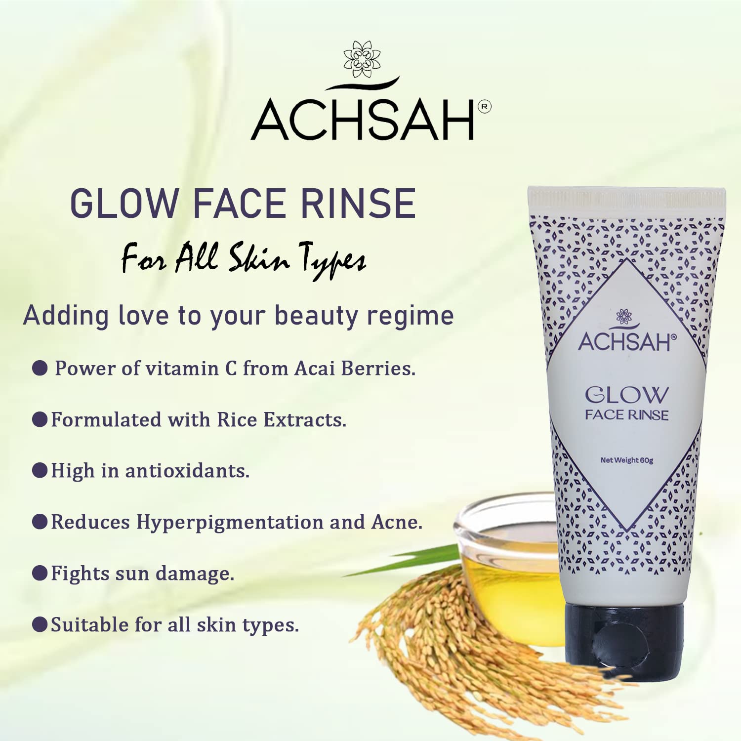ACHSAH Glow Face Wash with Vitamin C & Acai Berries - Reduces Hyperpigmentation & Acne, Fights Sun Damage & Antioxidants for All Skin Types (60g) | Daily Brightening Cleanser for Clear, Radiant Skin
