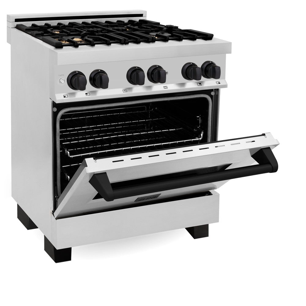 ZLINE Autograph Edition 30-inch Stainless Steel Kitchen Package - Dual Fuel Range, Range Hood, Dishwasher & Refrigerator with Matte Black Accents (4KAPR RARHDWM30 MB) | Premium Appliance Suite for Modern Kitchens & Home Renovations