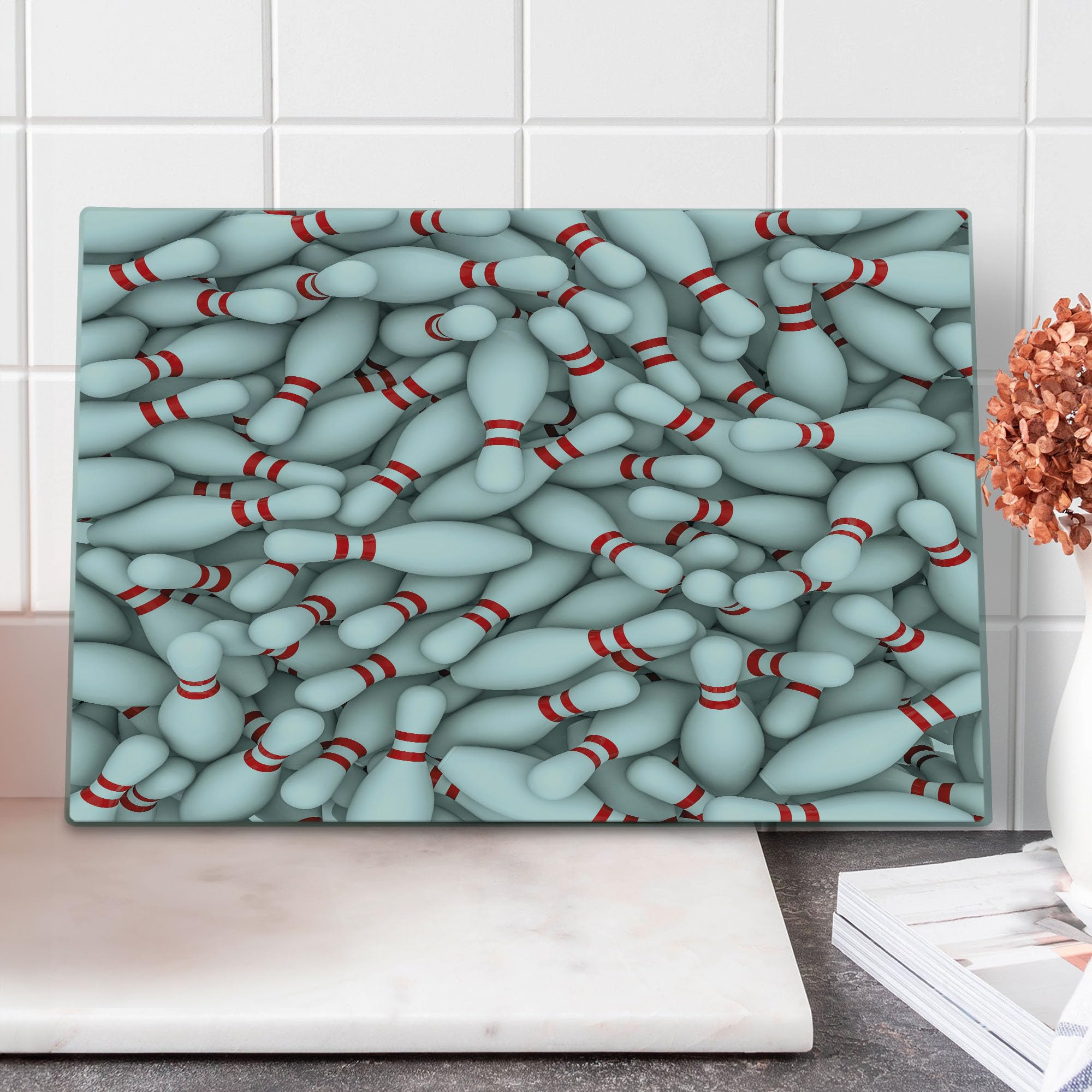 Ambesonne Bowling Party Cutting Board - 3D Printed Tempered Glass Serving Board with Vivid Bowling Pins & Red Stripes - Large Red & White Decorative Kitchen Accessory - Perfect for Bowling Themed Parties, Game Nights & Unique Gifts