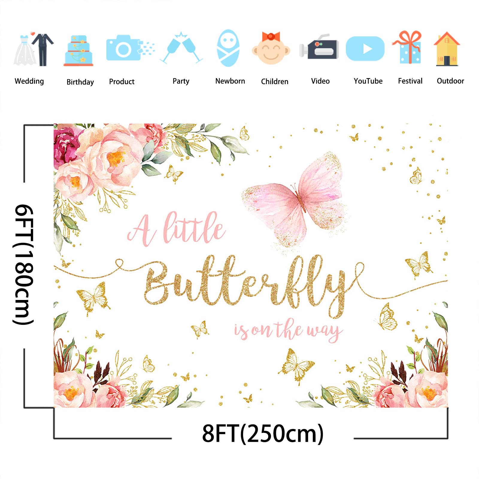 **Avezano Pink Blush Floral Gold Butterfly Baby Shower Backdrop - 8x6 ft Girls Baby Shower Party Decor, Photo Booth Props for Birthday, Gender Reveal & Nursery Decorations**