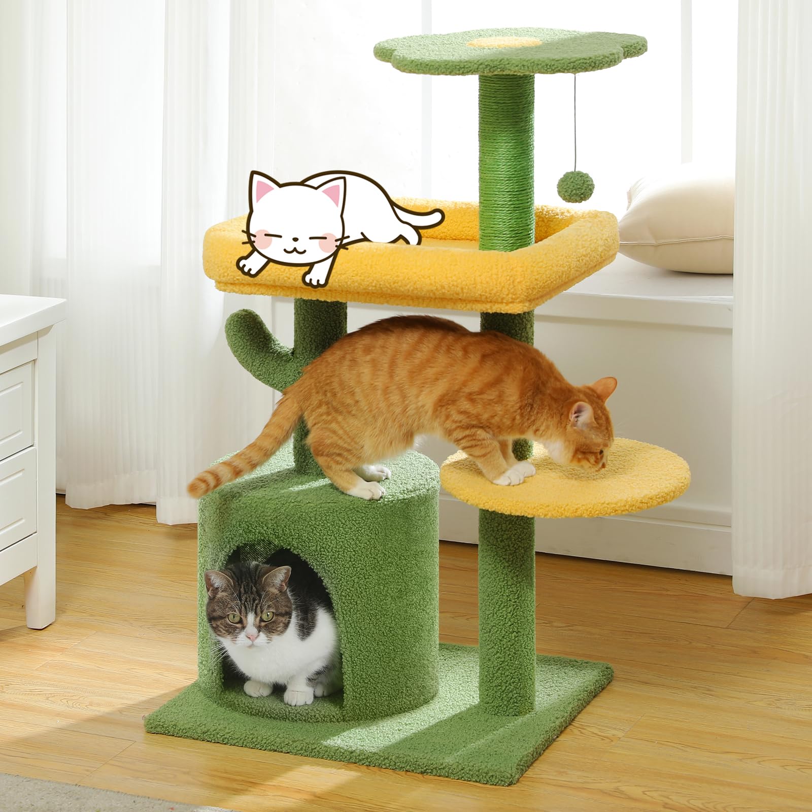 Made4Pets 36.5 Inch Multi-Level Cactus Cat Tree with Scratching Posts & Plush Perch - Indoor Cat Tower with Private Condo for Kittens & Small Cats - Perfect for Play, Rest & Scratching in Home or Office
