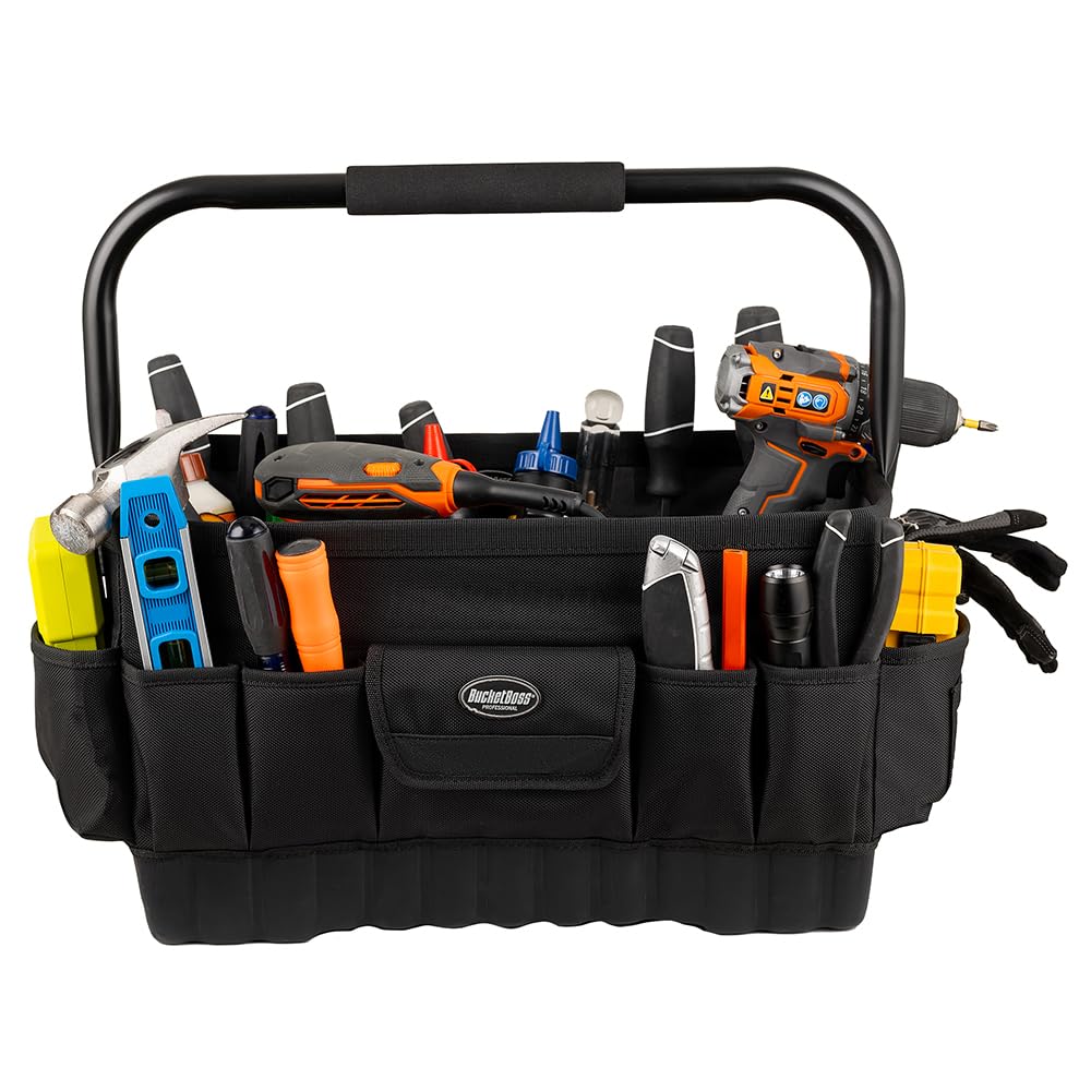 Bucket Boss Pro Tool Tote 18 - Heavy Duty Professional Series Tool Bag (74018) in Black - 18 Inch Organizer for Construction, Electricians & DIY Projects