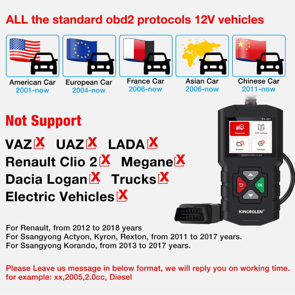 KINGBOLEN® YA201 OBD2 Scanner - Check Engine Light Diagnostic Tool for Car, Truck & SUV - Read & Clear Fault Codes - Compatible with Android & iOS - Perfect for DIY Mechanics & Auto Repair Shops