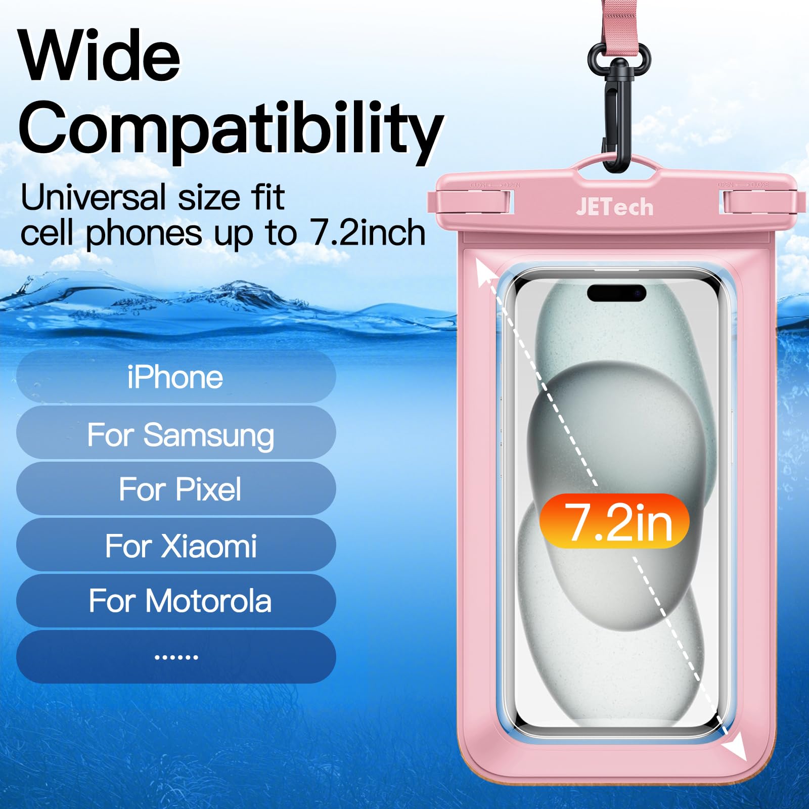 JETech Waterproof Phone Pouch 2 Pack - IPX8 Waterproof Case for iPhone 16/15/14/13 Pro Max & Galaxy S24/S23 Ultra (Up to 7.2 Inch) with Lanyard - Perfect for Swimming, Beach, Kayaking & Outdoor Activities (Black+Pink)