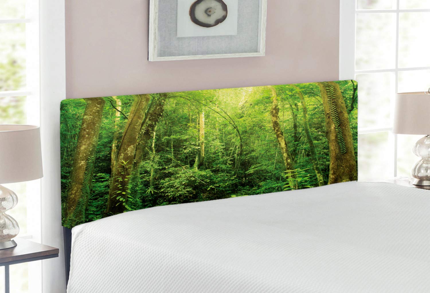 Ambesonne Tropical Rainforest Headboard - Full Size Upholstered Bed Headboard with Memory Foam, Green Woodland Print, Decorative Metal Frame | Perfect for Jungle-Themed Bedrooms, Nature-Inspired Home Decor & Cozy Bedroom Makeovers