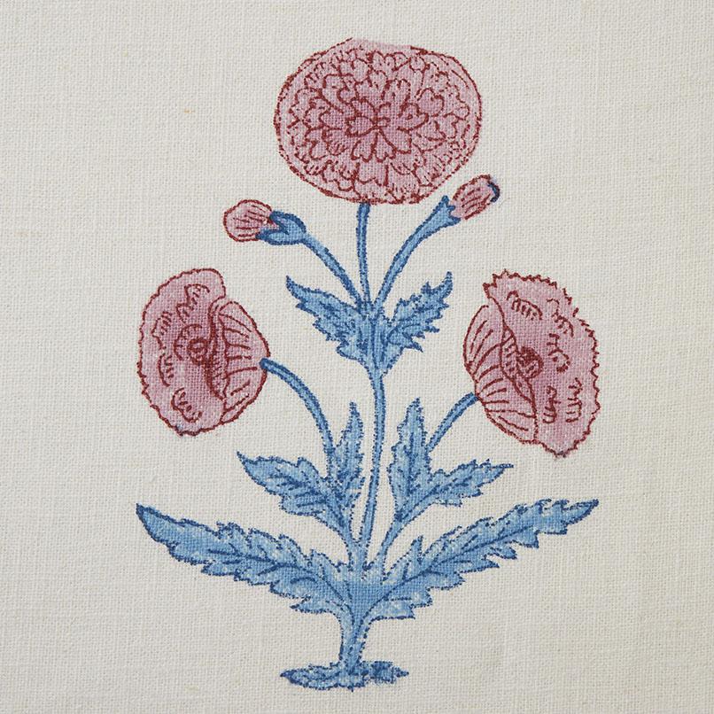 Poppy Block Printed Linen Fabric - Rose & Sky Blue - Perfect for Boho Home Decor, DIY Crafts & Fashion Sewing Projects