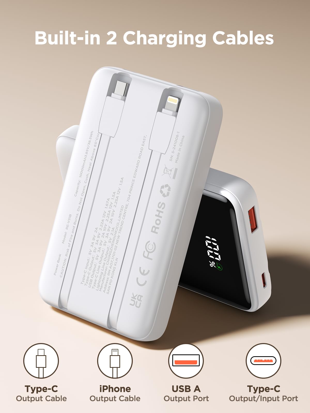 Aioneus 10000mAh Portable Charger with Built-in Cable - 22.5W Fast Charging Power Bank for iPhone 11/12/13/14/15/16, Samsung Galaxy S24/S23 & Android Phones - Perfect for Travel, Camping and Emergency Power Backup