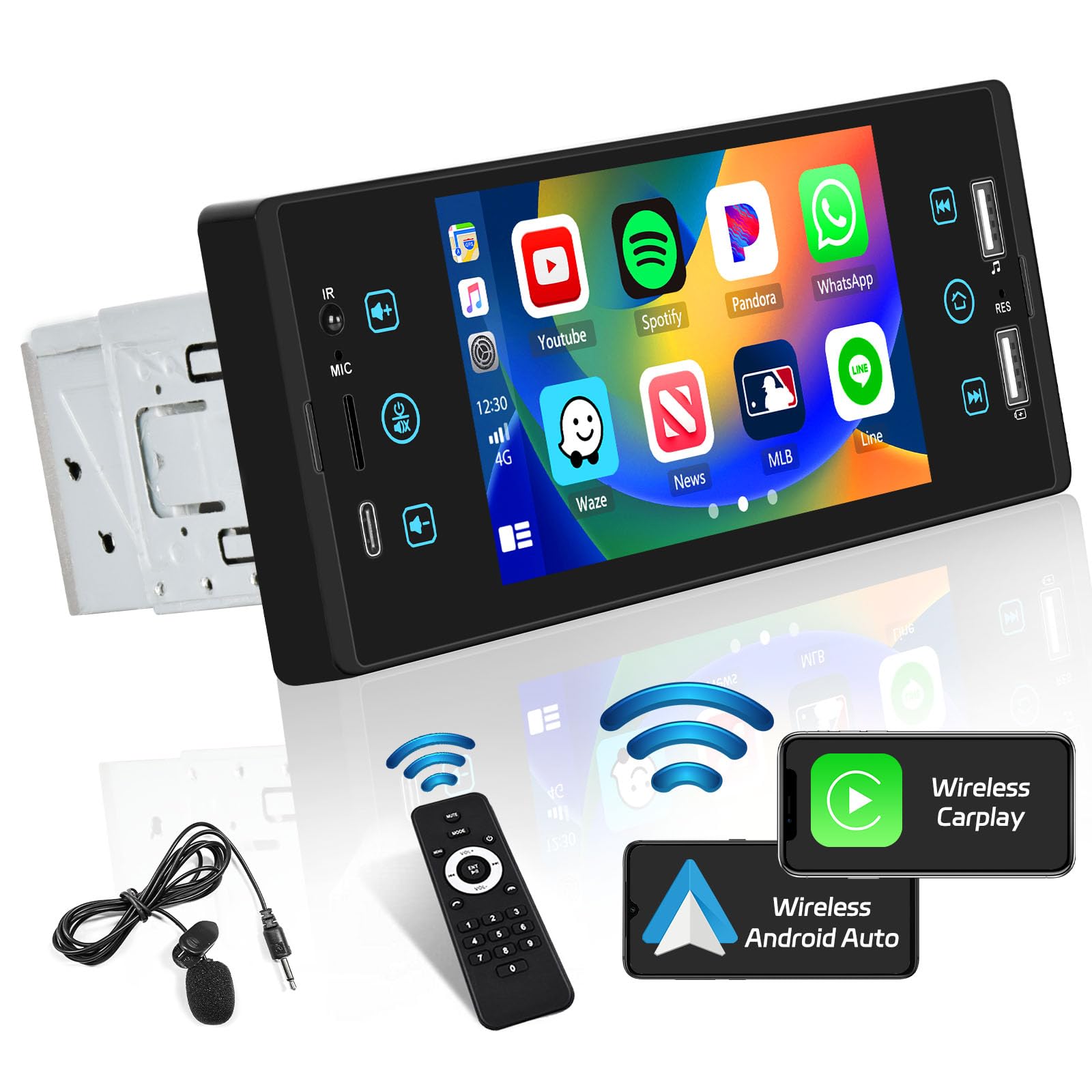 Hikity 5 Inch IPS Touchscreen Single Din Car Stereo with Wireless Apple CarPlay & Android Auto - Bluetooth 5.0, Mirror Link, EQ, FM Radio, SWC, USB, Type-C, MIC, TF, AUX-in - Perfect for Commuting, Road Trips & Hands-Free Driving
