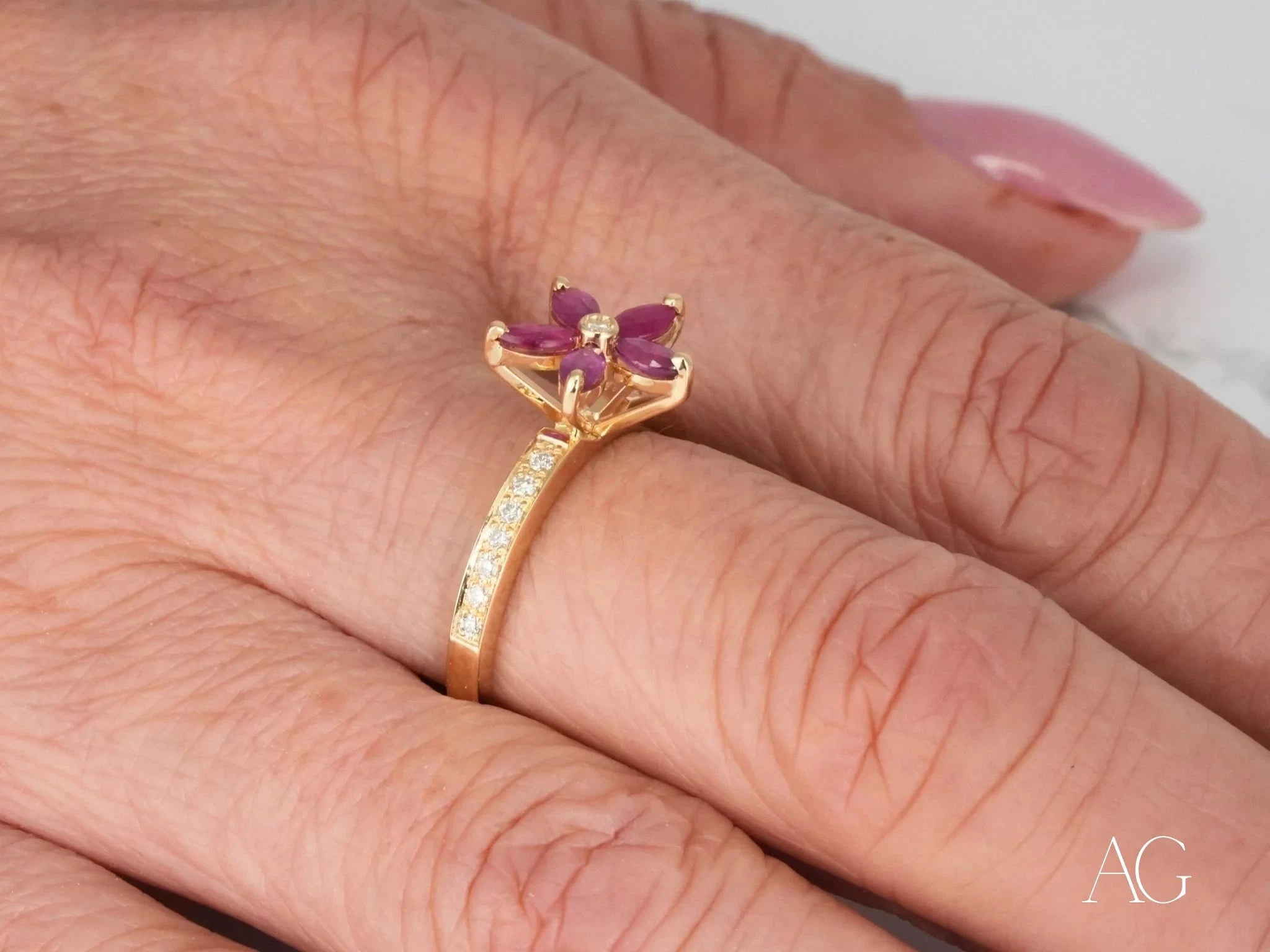 18k Gold Ruby Flower & Diamond Ring for Women - Elegant Floral Jewelry Gift for Anniversary, Engagement, Wedding & Special Occasions