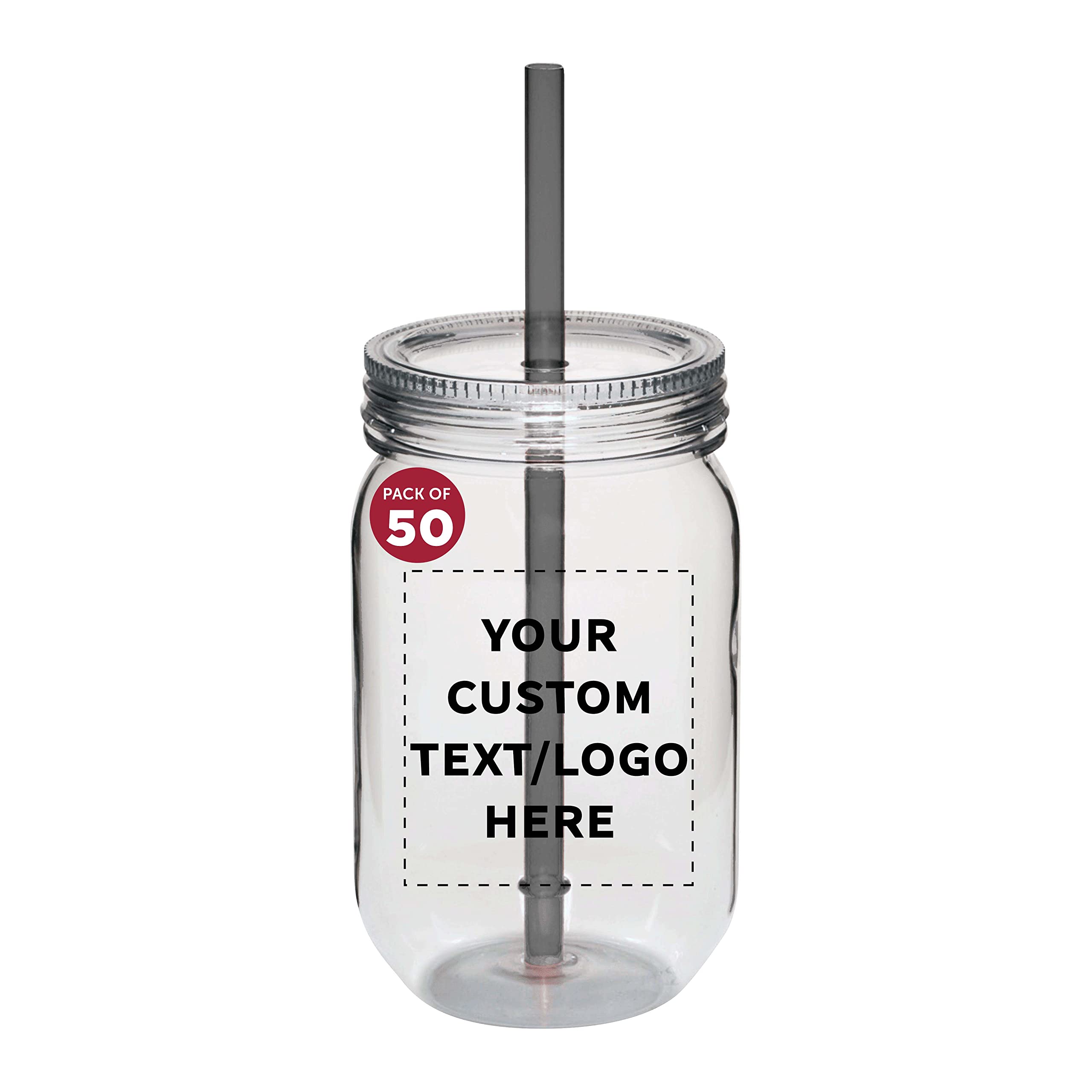 Custom 24 oz Plastic Mason Jars with Straws - Bulk Pack of 50 Personalized Jars for Overnight Oats, Candies, Pickles & Beverages - Ideal for Meal Prep, Party Favors & DIY Storage - Graphite Color