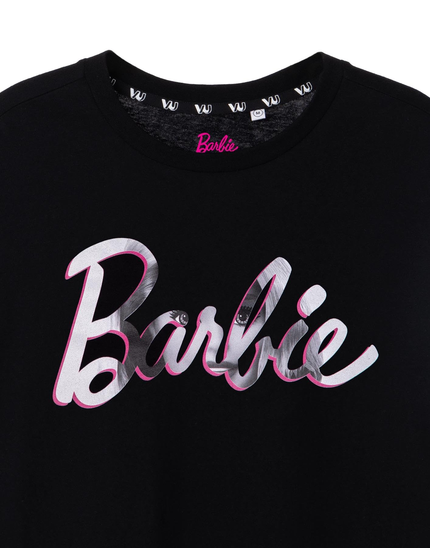 Barbie Women's Short Sleeve Graphic T-Shirt - Classic White & Pink Logo on Black Oversized Tee | Cute Doll Inspired Apparel for Casual Wear, Cosplay & Barbie Fans Collection