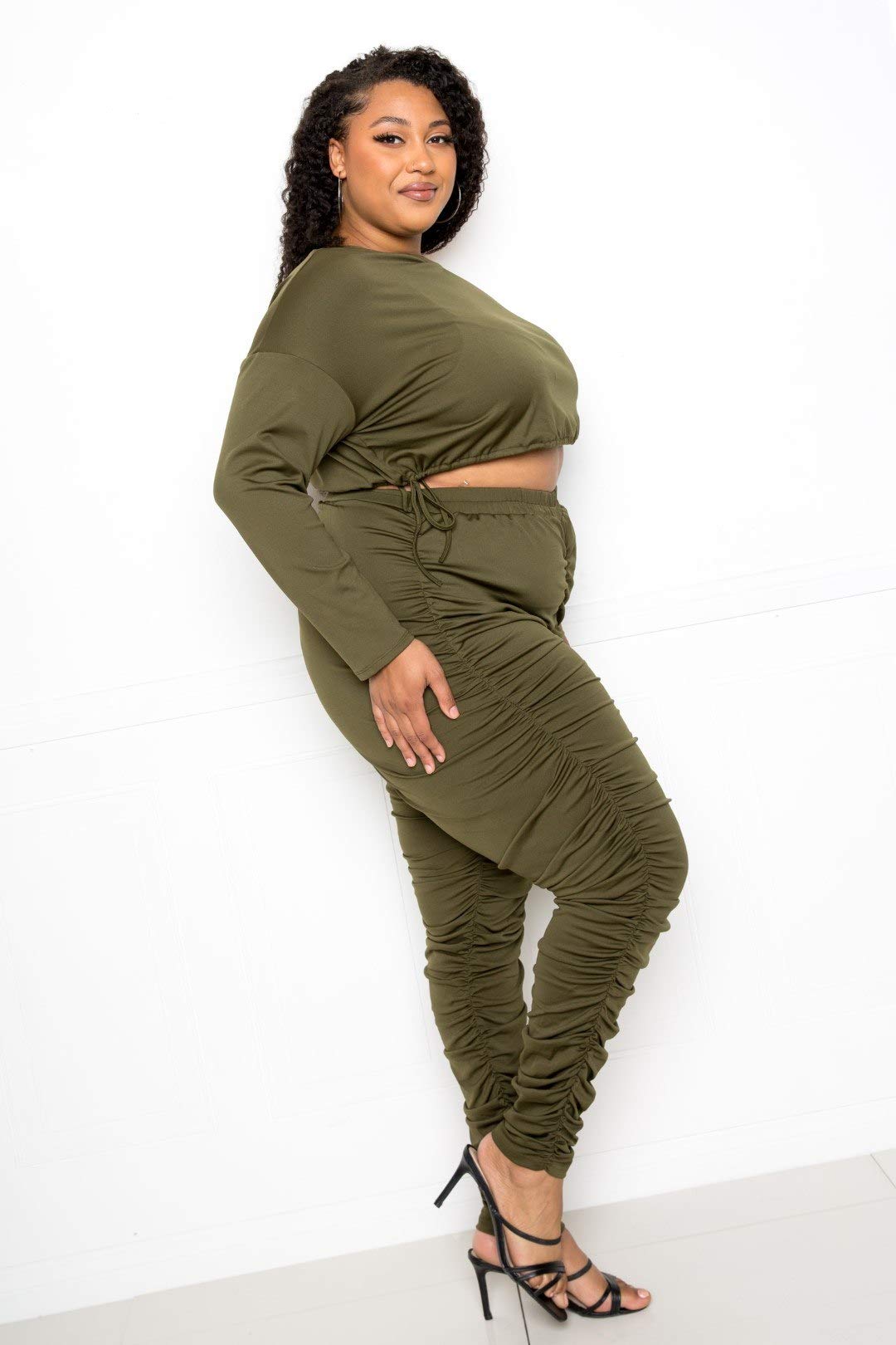 Off Shoulder Cropped Top & Ruched Leggings Set - Olive Green 1XL Women's Workout Outfit for Yoga, Gym & Casual Wear