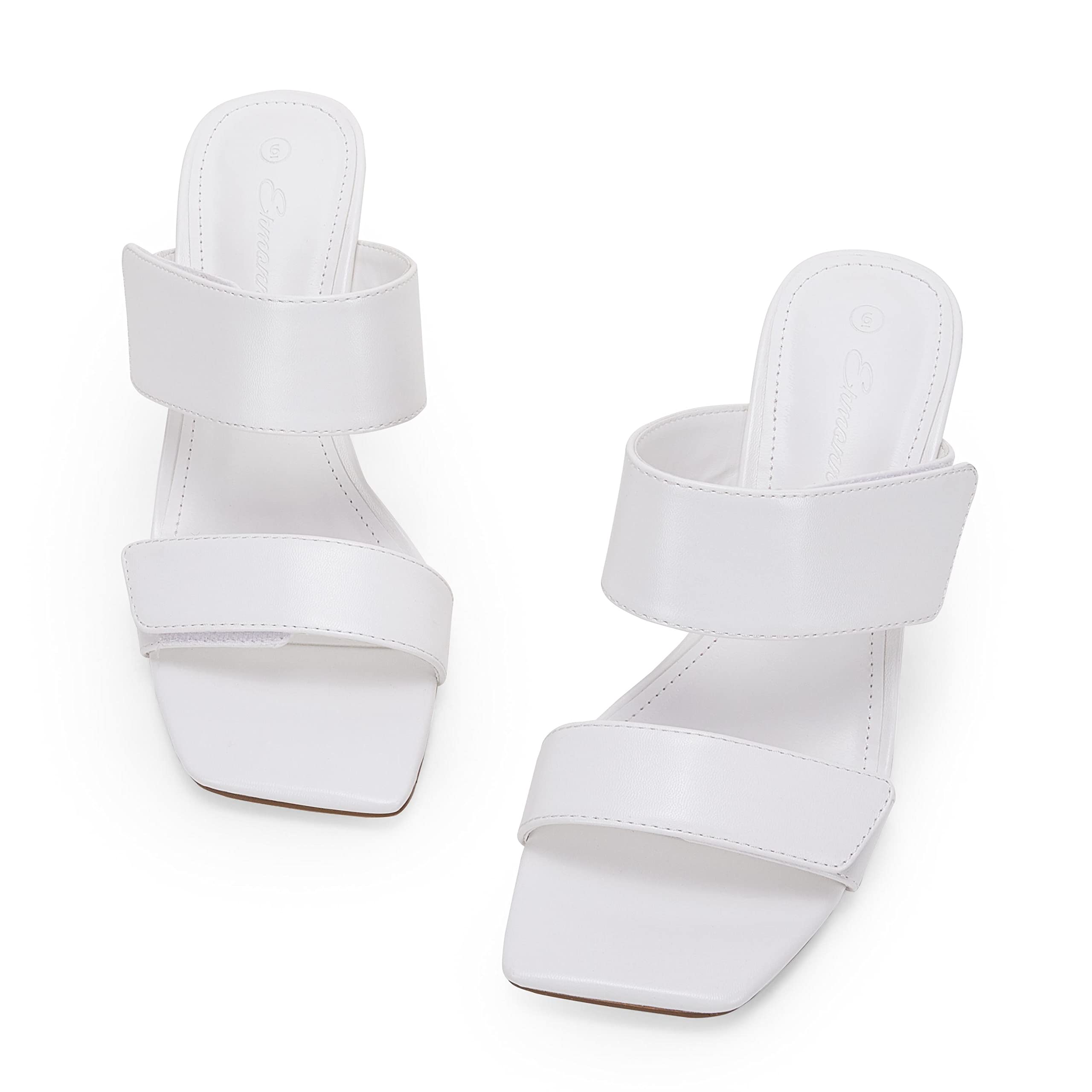 Ermonn Women's Two Strap Heeled Sandals - Slip On Square Open Toe Stiletto Mules with Faux Leather & Backless Design - Perfect for Summer Outfits, Parties & Date Nights